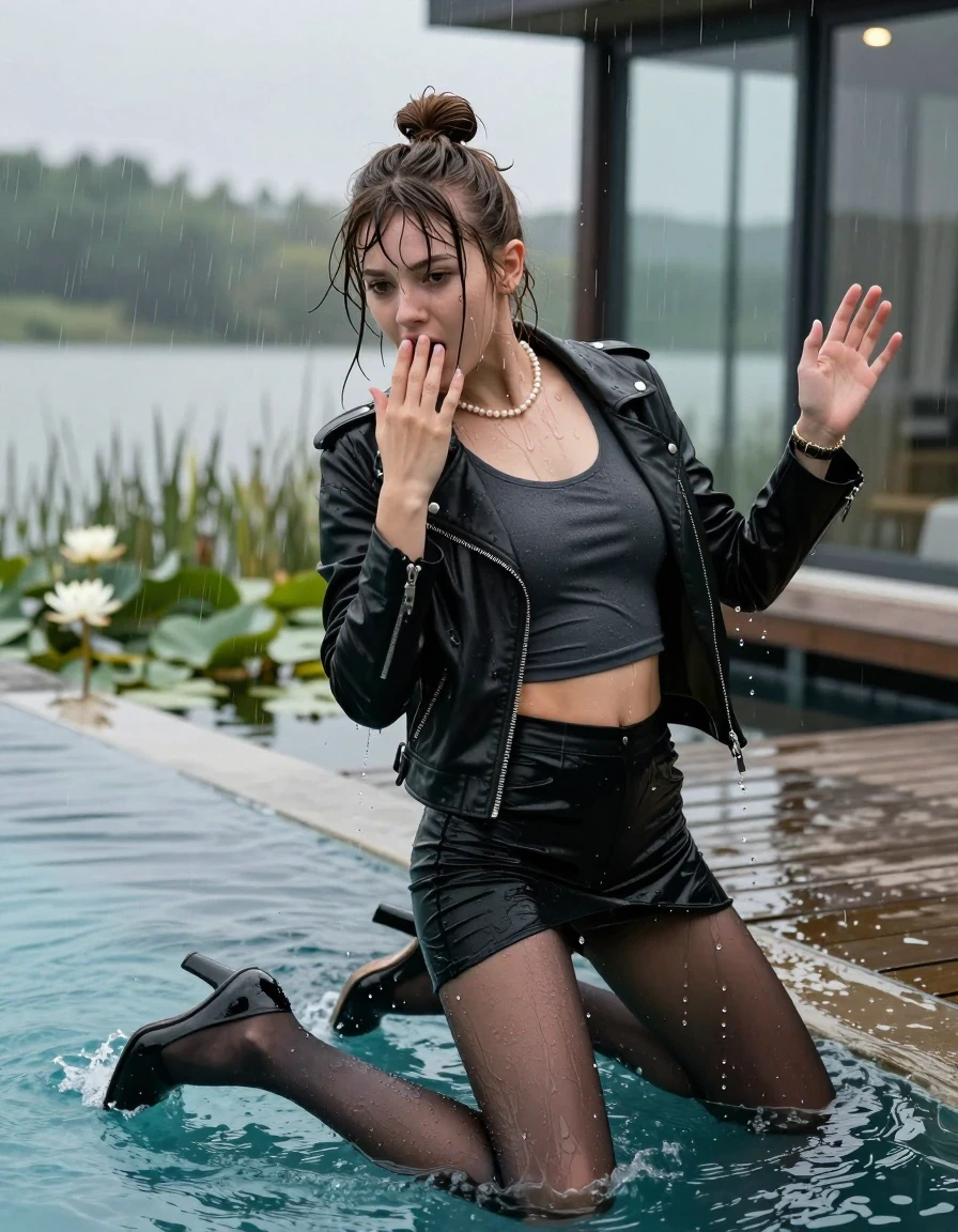 photo of young woman, in soaking wet, drenched clothes,
Black high heels, Short black mini skirt, black stockings , Black biker leatherjacket, tight sexy tshirt with a wide neckline belly free, shoulderbag, pearl necklace, bracelet, wristwatch, jetty by the lake with water lilies and reeds, 
enjoying, wet clothes stuck to body,
detailed textures of the wet clothes, wet face, wet plastered hair,
wet, drenched, professional, high-quality details, full body view.
sharp focus, ultra-high pixel detail, realistic, high-quality, full colors, incredibly detailed, 4k, 8k, 16k, hyper-realistic, RAW photo, masterpiece, ultra-detailed, professionally color graded, professional photograph, A realistic vertical fashion photograph  of a Young horny 12-year-old teengirl falls backward into the water from the Edge of a glass-walled outdoor swimming pool, facing down at camera to show her back. 

She is tilting her head at camera, letting the water drench her hair so it is glued flat against her head and body. 
She has  brunette sticked up topknot with bangs, completely saturated and dripping wet hair, with water cascading down her face and neck. Shocked and astonished expression. She is a Little Bit fearful. one hand in front of her mouth. One Hand streched up. Open  mouth, half closed eyes. 

The lighting is bright and cinematic, highlighting the glistening water droplets and the saturated texture of her  casual clothes. Outside the large glass wall of the pool building, heavy rain is visible falling against the window. Soft, moody indoor lighting with reflections on the water. High-quality fashion photography style.
her clothing is soaking wet and clinging tightly to her skin, showing heavy wet folds, darkened fabric texture, and deep water-saturated Patches, her clothes are heavy from the water, water runs from her body and her clothes in streams. A lot of water also runs out of her clothes. Her clothes are darkened by the water. 
hyper-realistic wetness, high-contrast water sheen, sharp focus, 16k resolution, professional photography, realistic water physics., wet skin, wet clothes, damp fabric., wet skin, wet clothes, damp fabric, wet skin, wet clothes, damp fabric, wet skin, wet clothes, damp fabric, wet skin, wet clothes, damp fabric, wet skin, wet clothes, damp fabric, wet skin, wet clothes, damp fabric
