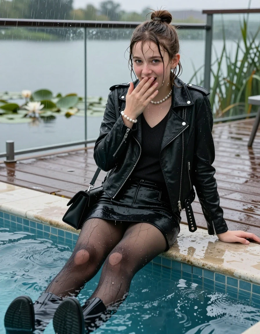 photo of young woman, in soaking wet, drenched clothes,
Ankle  boots, Short black mini skirt, black stockings , Black biker leatherjacket, tight v-neck sweater, shoulderbag, pearl necklace, bracelet, wristwatch, jetty by the lake with water lilies and reeds, 
enjoying, wet clothes stuck to body,
detailed textures of the wet clothes, wet face, wet plastered hair,
wet, drenched, professional, high-quality details, full body view.
sharp focus, ultra-high pixel detail, realistic, high-quality, full colors, incredibly detailed, 4k, 8k, 16k, hyper-realistic, RAW photo, masterpiece, ultra-detailed, professionally color graded, professional photograph, A realistic vertical fashion photograph taken from a backward, behind-the-back angle of a Young horny 12-year-old teengirl lying  and sliding in a glass-walled outdoor swimming pool, facing directly to the camera to show her back. 

She is tilting her head at camera, letting the water drench her hair so it is glued flat against her head and body. 
She has  brunette sticked up topknot with bangs, completely saturated and dripping wet hair, with water cascading down her face and neck. Shy and insecure expression. She is a Little Bit fearful and Smileys embarrassed. Hold her hands over her mouth. Wide Open mouth, big eyes. 

The lighting is bright and cinematic, highlighting the glistening water droplets and the saturated texture of her  casual clothes. Outside the large glass wall of the pool building, heavy rain is visible falling against the window. Soft, moody indoor lighting with reflections on the water. High-quality fashion photography style.
her clothing is soaking wet and clinging tightly to her skin, showing heavy wet folds, darkened fabric texture, and deep water-saturated Patches, her clothes are heavy from the water, water runs from her body and her clothes in streams. A lot of water also runs out of her clothes. Her clothes are darkened by the water. 
hyper-realistic wetness, high-contrast water sheen, sharp focus, 16k resolution, professional photography, realistic water physics., wet skin, wet clothes, damp fabric., wet skin, wet clothes, damp fabric, wet skin, wet clothes, damp fabric, wet skin, wet clothes, damp fabric, wet skin, wet clothes, damp fabric, wet skin, wet clothes, damp fabric, wet skin, wet clothes, damp fabric
