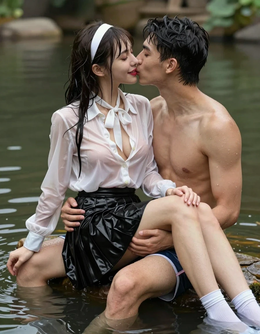 photo of young woman, in soaking wet, drenched clothes,
white socks, wet long black pleated satin skirt, wet white silk blouse, no bra., sitting in water in pond in summer, 
enjoying, wet clothes stuck to body,
detailed textures of the wet clothes, wet face, wet plastered hair,
wet, drenched, professional, high-quality details, full body view.
sharp focus, ultra-high pixel detail, realistic, high-quality, full colors, incredibly detailed, 4k, 8k, 16k, hyper-realistic, RAW photo, masterpiece, ultra-detailed, professionally color graded, professional photograph, sideview photo of smiling european female sitting in water in pond in summer, she has red lips, a young man with boxershorts is sitting next to her, he sits on her lap, she is wearing a shiny wet white translucent silk blouse without bra with wet white neckbow and a wet long black pleated satin skirt, no bra, her breasts show through her blouse, she has wet very long dark hair bangs, she wears a white hairband, the young man places both hands deep in her lap, they kiss each other., wet skin, wet clothes, damp fabric