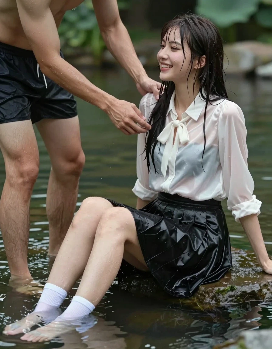 photo of young woman, in soaking wet, drenched clothes,
white socks, wet long black pleated satin skirt, wet white satin blouse, sitting in water in pond in summer, 
enjoying, wet clothes stuck to body,
detailed textures of the wet clothes, wet face, wet plastered hair,
wet, drenched, professional, high-quality details, full body view.
sharp focus, ultra-high pixel detail, realistic, high-quality, full colors, incredibly detailed, 4k, 8k, 16k, hyper-realistic, RAW photo, masterpiece, ultra-detailed, professionally color graded, professional photograph, sideview photo of smiling european female sitting in water in pond in summer, a young man with boxershorts is standing next to her, she is wearing a shiny wet white satin blouse with wet white neckbow and a wet long black pleated satin skirt, she has wet long dark hair bangs, the young man lays his hand on her blouse., wet skin, wet clothes, damp fabric