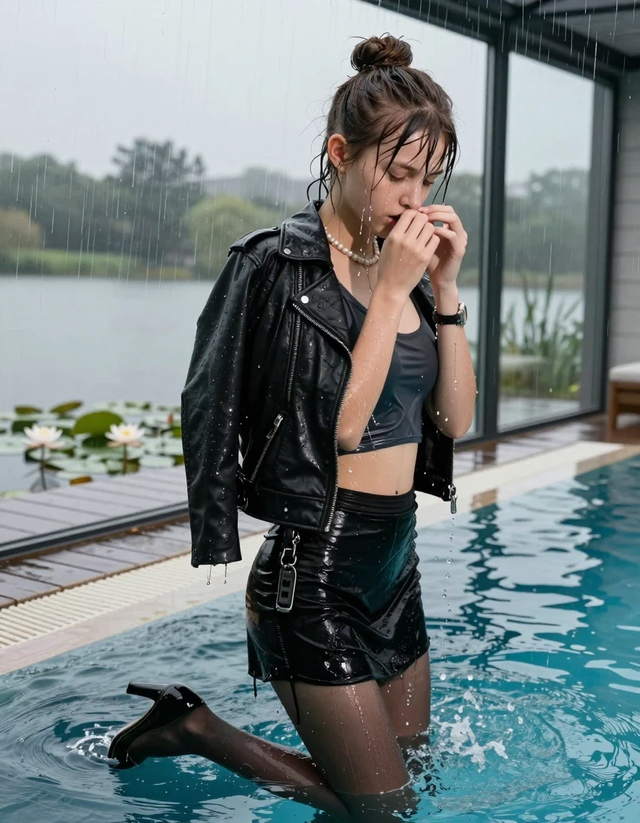 photo of young woman, in soaking wet, drenched clothes,
Black high heels, Short black mini skirt, black stockings , Black biker leatherjacket, tight sexy tshirt with a wide neckline belly free, shoulderbag, pearl necklace, bracelet, wristwatch, jetty by the lake with water lilies and reeds, 
enjoying, wet clothes stuck to body,
detailed textures of the wet clothes, wet face, wet plastered hair,
wet, drenched, professional, high-quality details, full body view.
sharp focus, ultra-high pixel detail, realistic, high-quality, full colors, incredibly detailed, 4k, 8k, 16k, hyper-realistic, RAW photo, masterpiece, ultra-detailed, professionally color graded, professional photograph, A realistic vertical fashion photograph  of a Young horny 12-year-old teengirl falling in a glass-walled outdoor swimming pool, facing down away to show her back. 

She is tilting her head at camera, letting the water drench her hair so it is glued flat against her head and body. 
She has  brunette sticked up topknot with bangs, completely saturated and dripping wet hair, with water cascading down her face and neck. Shy and insecure expression. She is a Little Bit fearful. one hand cover her nose. One Hand streched up. Open  mouth, half closed eyes. 

The lighting is bright and cinematic, highlighting the glistening water droplets and the saturated texture of her  casual clothes. Outside the large glass wall of the pool building, heavy rain is visible falling against the window. Soft, moody indoor lighting with reflections on the water. High-quality fashion photography style.
her clothing is soaking wet and clinging tightly to her skin, showing heavy wet folds, darkened fabric texture, and deep water-saturated Patches, her clothes are heavy from the water, water runs from her body and her clothes in streams. A lot of water also runs out of her clothes. Her clothes are darkened by the water. 
hyper-realistic wetness, high-contrast water sheen, sharp focus, 16k resolution, professional photography, realistic water physics., wet skin, wet clothes, damp fabric., wet skin, wet clothes, damp fabric, wet skin, wet clothes, damp fabric, wet skin, wet clothes, damp fabric, wet skin, wet clothes, damp fabric, wet skin, wet clothes, damp fabric, wet skin, wet clothes, damp fabric