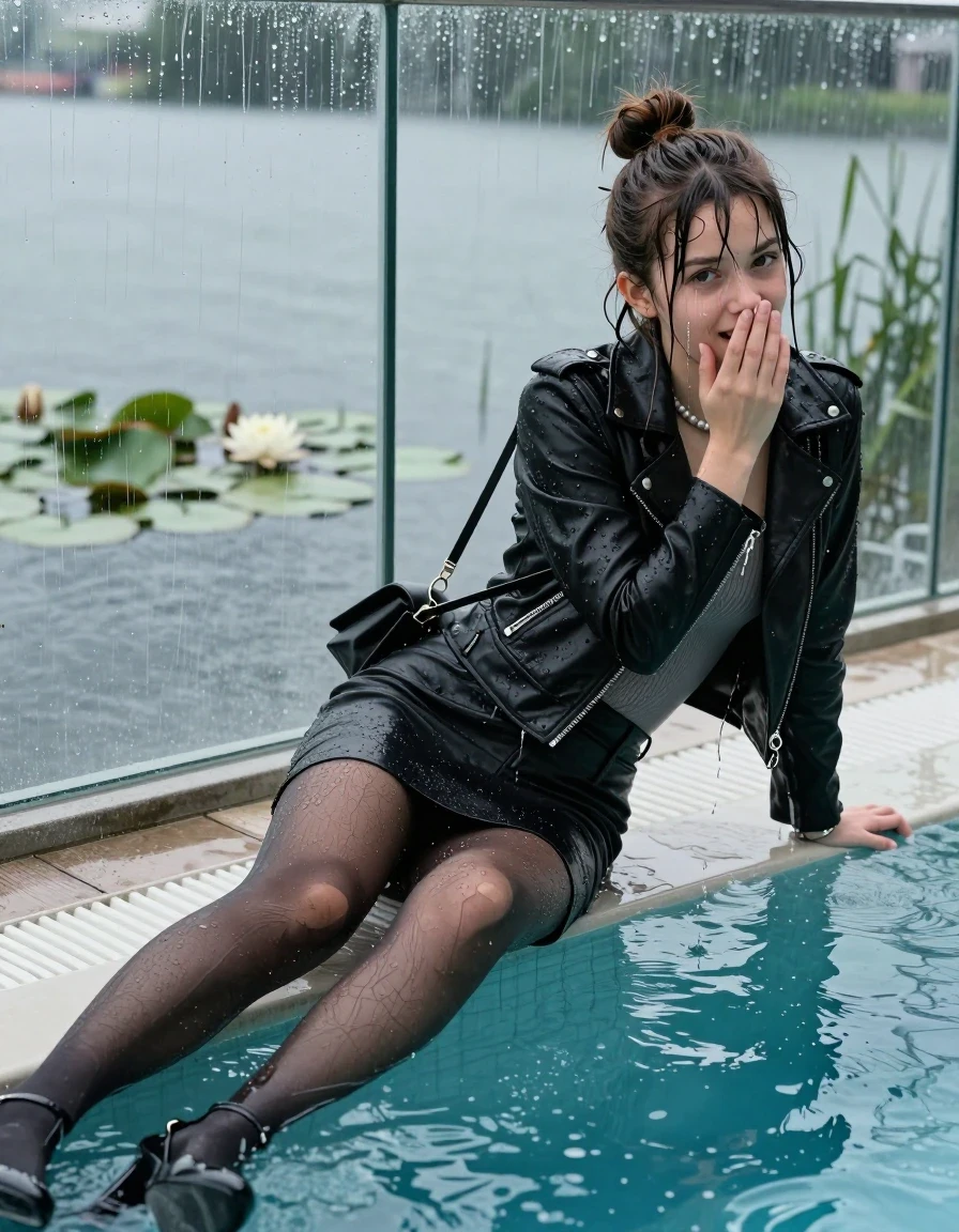 photo of young woman, in soaking wet, drenched clothes,
High heels, Short black mini skirt, black stockings , Black biker leatherjacket, tight v-neck sweater, shoulderbag, pearl necklace, bracelet, wristwatch, jetty by the lake with water lilies and reeds, 
enjoying, wet clothes stuck to body,
detailed textures of the wet clothes, wet face, wet plastered hair,
wet, drenched, professional, high-quality details, full body view.
sharp focus, ultra-high pixel detail, realistic, high-quality, full colors, incredibly detailed, 4k, 8k, 16k, hyper-realistic, RAW photo, masterpiece, ultra-detailed, professionally color graded, professional photograph, A realistic vertical fashion photograph taken from a backward, behind-the-back angle of a Young horny 12-year-old teengirl lying  and sliding in a glass-walled outdoor swimming pool, facing directly to the camera to show her back. 

She is tilting her head at camera, letting the water drench her hair so it is glued flat against her head and body. 
She has  brunette sticked up topknot with bangs, completely saturated and dripping wet hair, with water cascading down her face and neck. Shy and insecure expression. She is a Little Bit fearful and Smileys embarrassed. Hold her hands over her nose. Wide Open mouth, big eyes. 

The lighting is bright and cinematic, highlighting the glistening water droplets and the saturated texture of her  casual clothes. Outside the large glass wall of the pool building, heavy rain is visible falling against the window. Soft, moody indoor lighting with reflections on the water. High-quality fashion photography style.
her clothing is soaking wet and clinging tightly to her skin, showing heavy wet folds, darkened fabric texture, and deep water-saturated Patches, her clothes are heavy from the water, water runs from her body and her clothes in streams. A lot of water also runs out of her clothes. Her clothes are darkened by the water. 
hyper-realistic wetness, high-contrast water sheen, sharp focus, 16k resolution, professional photography, realistic water physics., wet skin, wet clothes, damp fabric., wet skin, wet clothes, damp fabric, wet skin, wet clothes, damp fabric, wet skin, wet clothes, damp fabric, wet skin, wet clothes, damp fabric, wet skin, wet clothes, damp fabric, wet skin, wet clothes, damp fabric