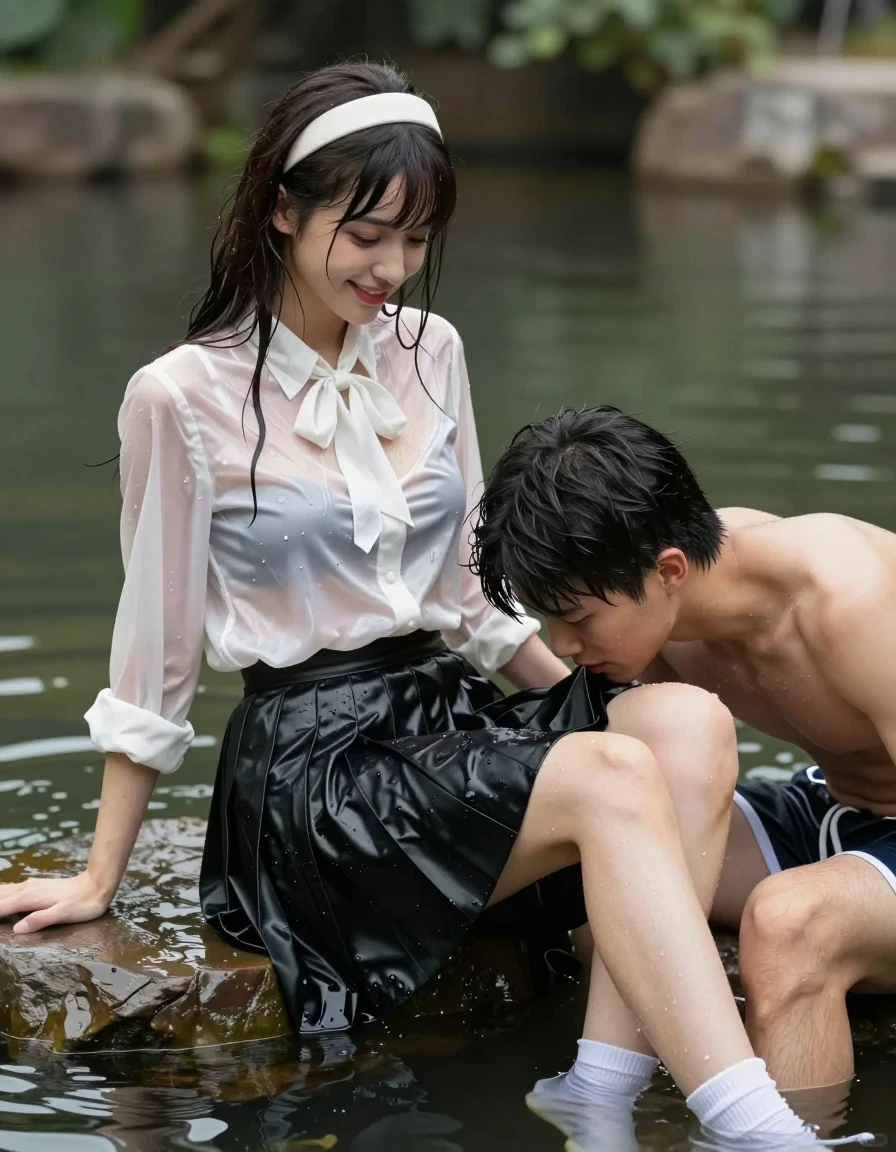 photo of young woman, in soaking wet, drenched clothes,
white socks, wet long black pleated satin skirt, wet white satin blouse, no bra., sitting in water in pond in summer, 
enjoying, wet clothes stuck to body,
detailed textures of the wet clothes, wet face, wet plastered hair,
wet, drenched, professional, high-quality details, full body view.
sharp focus, ultra-high pixel detail, realistic, high-quality, full colors, incredibly detailed, 4k, 8k, 16k, hyper-realistic, RAW photo, masterpiece, ultra-detailed, professionally color graded, professional photograph, sideview photo of smiling european female sitting in water in pond in summer, she has red lips, a young man with boxershorts is sitting next to her, she sits on his lap,she is wearing a shiny wet white translucent satin blouse with wet white neckbow and a wet long black pleated satin skirt, no bra, her breasts show through her blouse, she has wet long dark hair bangs, she wears a white hairband, the young man leans down and kiss her skirt., wet skin, wet clothes, damp fabric