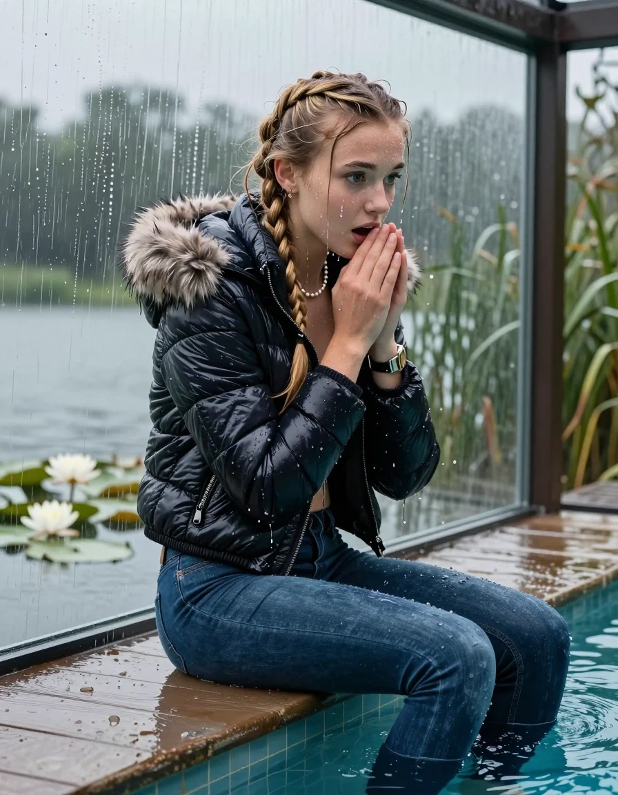 photo of young woman, in soaking wet, drenched clothes,
, Dark blue levis skinny jeans, Moncler shiny puffer down jacket with fur, Open jacket, tight v-neck sweater, shoulderbag, pearl necklace, bracelet, wristwatch, Orgasm in jetty by the lake with water lilies and reeds, 
enjoying, wet clothes stuck to body,
detailed textures of the wet clothes, wet face, wet plastered hair,
wet, drenched, professional, high-quality details, full body view.
sharp focus, ultra-high pixel detail, realistic, high-quality, full colors, incredibly detailed, 4k, 8k, 16k, hyper-realistic, RAW photo, masterpiece, ultra-detailed, professionally color graded, professional photograph, A realistic vertical fashion photograph taken from a backward, behind-the-back angle of a 15-year-old teenage girl sitting  in a glass-walled outdoor swimming pool, facing down to the camera to show her back. She is tilting her head at camera, letting the water drench her hair so it is glued flat against her head and body. She has two blonde long braids , completely saturated and dripping wet hair, with water cascading down her face and neck. Afraid and astonished expression. Hold her hands on her chin. open mouth, big eyes. The lighting is bright and cinematic, highlighting the glistening water droplets on her skin and the saturated texture of her  casual clothes. Outside the large glass wall of the pool building, heavy rain is visible falling against the window. Soft, moody indoor lighting with reflections on the water. High-quality fashion photography style.
her clothing is soaking wet and clinging tightly to her skin, showing heavy wet folds, darkened fabric texture, and deep water-saturated Patches, her clothes are heavy from the water, water runs from her body and her clothes in streams. A lot of water also runs out of her clothes. Her clothes are darkened by the water. 
hyper-realistic wetness, high-contrast water sheen, sharp focus, 16k resolution, professional photography, realistic water physics., wet skin, wet clothes, damp fabric, wet skin, wet clothes, damp fabric, wet skin, wet clothes, damp fabric, wet skin, wet clothes, damp fabric, wet skin, wet clothes, damp fabric, wet skin, wet clothes, damp fabric, wet skin, wet clothes, damp fabric, wet skin, wet clothes, damp fabric, wet skin, wet clothes, damp fabric, wet skin, wet clothes, damp fabric, wet skin, wet clothes, damp fabric, wet skin, wet clothes, damp fabric, wet skin, wet clothes, damp fabric, wet skin, wet clothes, damp fabric, wet skin, wet clothes, damp fabric, wet skin, wet clothes, damp fabric, wet skin, wet clothes, damp fabric, wet skin, wet clothes, damp fabric, wet skin, wet clothes, damp fabric, wet skin, wet clothes, damp fabric, wet skin, wet clothes, damp fabric
