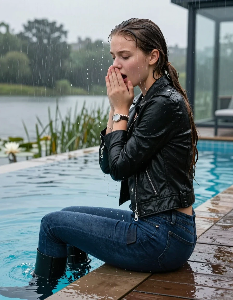 photo of young woman, in soaking wet, drenched clothes,
Black high boots, Dark blue levis skinny jeans, Black biker leatherjacket, Open jacket, tight v-neck sweater, shoulderbag, pearl necklace, bracelet, wristwatch, Orgasm in jetty by the lake with water lilies and reeds, 
enjoying, wet clothes stuck to body,
detailed textures of the wet clothes, wet face, wet plastered hair,
wet, drenched, professional, high-quality details, full body view.
sharp focus, ultra-high pixel detail, realistic, high-quality, full colors, incredibly detailed, 4k, 8k, 16k, hyper-realistic, RAW photo, masterpiece, ultra-detailed, professionally color graded, professional photograph, A realistic vertical fashion photograph taken from a backward, behind-the-back angle of a 12-year-old teenage girl sitting  in a glass-walled outdoor swimming pool, facing down to the camera to show her back. She is tilting her head at camera, letting the water drench her hair so it is glued flat against her head and body. She has a long sleek ponytail, completely saturated and dripping wet hair, with water cascading down her face and neck. Afraid and astonished Expression. Hold her hands over her mouth. Closed mouth, closed eyes. The lighting is bright and cinematic, highlighting the glistening water droplets on her skin and the saturated texture of her  casual clothes. Outside the large glass wall of the pool building, heavy rain is visible falling against the window. Soft, moody indoor lighting with reflections on the water. High-quality fashion photography style.
her clothing is soaking wet and clinging tightly to her skin, showing heavy wet folds, darkened fabric texture, and deep water-saturated Patches, her clothes are heavy from the water, water runs from her body and her clothes in streams. A lot of water also runs out of her clothes. Her clothes are darkened by the water. 
hyper-realistic wetness, high-contrast water sheen, sharp focus, 16k resolution, professional photography, realistic water physics., wet skin, wet clothes, damp fabric, wet skin, wet clothes, damp fabric, wet skin, wet clothes, damp fabric, wet skin, wet clothes, damp fabric, wet skin, wet clothes, damp fabric, wet skin, wet clothes, damp fabric, wet skin, wet clothes, damp fabric, wet skin, wet clothes, damp fabric, wet skin, wet clothes, damp fabric, wet skin, wet clothes, damp fabric, wet skin, wet clothes, damp fabric, wet skin, wet clothes, damp fabric, wet skin, wet clothes, damp fabric, wet skin, wet clothes, damp fabric, wet skin, wet clothes, damp fabric, wet skin, wet clothes, damp fabric, wet skin, wet clothes, damp fabric, wet skin, wet clothes, damp fabric, wet skin, wet clothes, damp fabric, wet skin, wet clothes, damp fabric, wet skin, wet clothes, damp fabric, wet skin, wet clothes, damp fabric
