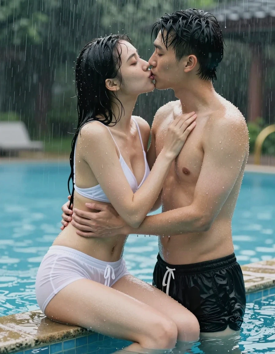 photo of young woman, in soaking wet, drenched clothes,
Naked, Cotton short shorts, Bra, Sitting next to a pool in the rain, 
enjoying, wet clothes stuck to body,
detailed textures of the wet clothes, wet face, wet plastered hair,
wet, drenched, professional, high-quality details, full body view.
sharp focus, ultra-high pixel detail, realistic, high-quality, full colors, incredibly detailed, 4k, 8k, 16k, hyper-realistic, RAW photo, masterpiece, ultra-detailed, professionally color graded, professional photograph, Very cute and skinny Ukrainian woman standing next to a pool getting soaked in the rain hugging and kissing a very cute and skinny Asian who is wearing black cotton shorts and showing her boobs, wet skin, wet clothes, damp fabric