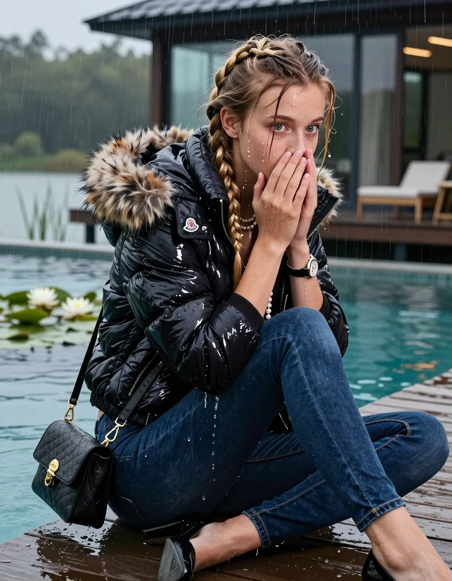 photo of young woman, in soaking wet, drenched clothes,
Black high heels, Dark blue levis skinny jeans, Moncler shiny puffer down jacket with fur, Open jacket, tight v-neck sweater, shoulderbag, pearl necklace, bracelet, wristwatch, Orgasm in jetty by the lake with water lilies and reeds, 
enjoying, wet clothes stuck to body,
detailed textures of the wet clothes, wet face, wet plastered hair,
wet, drenched, professional, high-quality details, full body view.
sharp focus, ultra-high pixel detail, realistic, high-quality, full colors, incredibly detailed, 4k, 8k, 16k, hyper-realistic, RAW photo, masterpiece, ultra-detailed, professionally color graded, professional photograph, A realistic vertical fashion photograph taken from a backward, behind-the-back angle of a 15-year-old teenage girl sitting  half submerged in a glass-walled outdoor swimming pool, facing down to the camera to show her back. She is tilting her head at camera, letting the water drench her hair so it is glued flat against her head and body. She has two blonde long braids , completely saturated and dripping wet hair, with water cascading down her face and neck. Afraid and astonished Expression. Hold her hands over her mouth and nose. Closed mouth, big eyes. The lighting is bright and cinematic, highlighting the glistening water droplets on her skin and the saturated texture of her  casual clothes. Outside the large glass wall of the pool building, heavy rain is visible falling against the window. Soft, moody indoor lighting with reflections on the water. High-quality fashion photography style.
her clothing is soaking wet and clinging tightly to her skin, showing heavy wet folds, darkened fabric texture, and deep water-saturated Patches, her clothes are heavy from the water, water runs from her body and her clothes in streams. A lot of water also runs out of her clothes. Her clothes are darkened by the water. 
hyper-realistic wetness, high-contrast water sheen, sharp focus, 16k resolution, professional photography, realistic water physics., wet skin, wet clothes, damp fabric, wet skin, wet clothes, damp fabric, wet skin, wet clothes, damp fabric, wet skin, wet clothes, damp fabric, wet skin, wet clothes, damp fabric, wet skin, wet clothes, damp fabric, wet skin, wet clothes, damp fabric, wet skin, wet clothes, damp fabric, wet skin, wet clothes, damp fabric, wet skin, wet clothes, damp fabric, wet skin, wet clothes, damp fabric, wet skin, wet clothes, damp fabric, wet skin, wet clothes, damp fabric, wet skin, wet clothes, damp fabric, wet skin, wet clothes, damp fabric, wet skin, wet clothes, damp fabric, wet skin, wet clothes, damp fabric, wet skin, wet clothes, damp fabric, wet skin, wet clothes, damp fabric, wet skin, wet clothes, damp fabric, wet skin, wet clothes, damp fabric