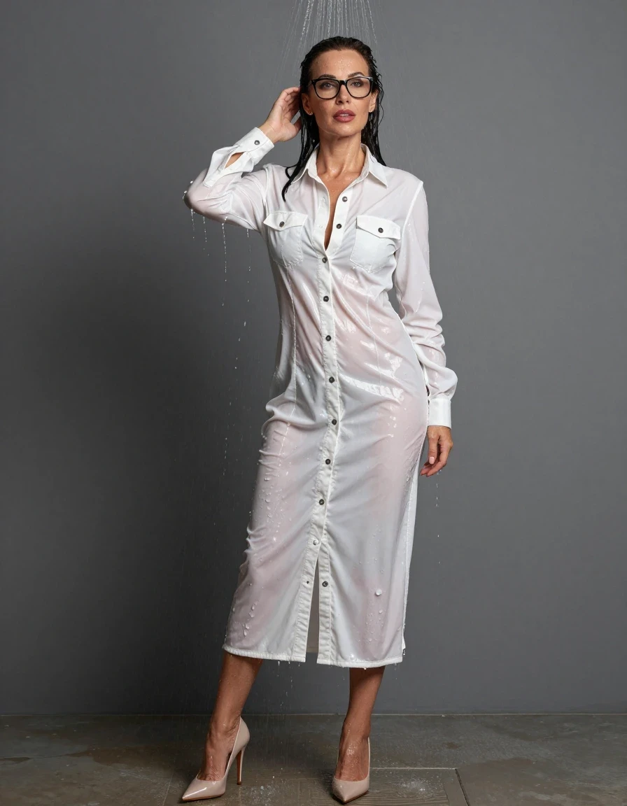 photo of young woman, in soaking wet, drenched clothes,
high-heeled shoes, maxi shiny white denim shirt dress, maxi shiny white denim shirt dress, after shower, 
enjoying, wet clothes stuck to body,
detailed textures of the wet clothes, wet face, wet plastered hair,
wet, drenched, professional, high-quality details, full body view.
sharp focus, ultra-high pixel detail, realistic, high-quality, full colors, incredibly detailed, 4k, 8k, 16k, hyper-realistic, RAW photo, masterpiece, ultra-detailed, professionally color graded, professional photograph, europen brunette skinny woman 50 years old, long dark black hair, office glasses, very big and thick lips, complete body, wet skin, wet clothes, damp fabric, wet skin, wet clothes, damp fabric, wet skin, wet clothes, damp fabric, wet skin, wet clothes, damp fabric, wet skin, wet clothes, damp fabric, wet skin, wet clothes, damp fabric, wet skin, wet clothes, damp fabric