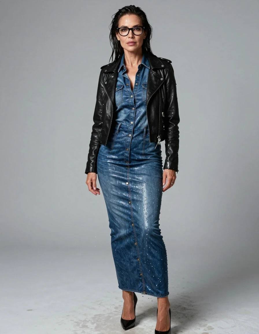 photo of young woman, in soaking wet, drenched clothes,
high-heeled shoes, tight maxi shiny denim shirt dress, tight maxi shiny denim shirt dress, black leather byker jacket, after bath, 
enjoying, wet clothes stuck to body,
detailed textures of the wet clothes, wet face, wet plastered hair,
wet, drenched, professional, high-quality details, full body view.
sharp focus, ultra-high pixel detail, realistic, high-quality, full colors, incredibly detailed, 4k, 8k, 16k, hyper-realistic, RAW photo, masterpiece, ultra-detailed, professionally color graded, professional photograph, europen brunette skinny woman 50 years old, long dark black hair, office glasses, very big and thick lips, complete body, wet skin, wet clothes, damp fabric, wet skin, wet clothes, damp fabric, wet skin, wet clothes, damp fabric, wet skin, wet clothes, damp fabric, wet skin, wet clothes, damp fabric, wet skin, wet clothes, damp fabric, wet skin, wet clothes, damp fabric