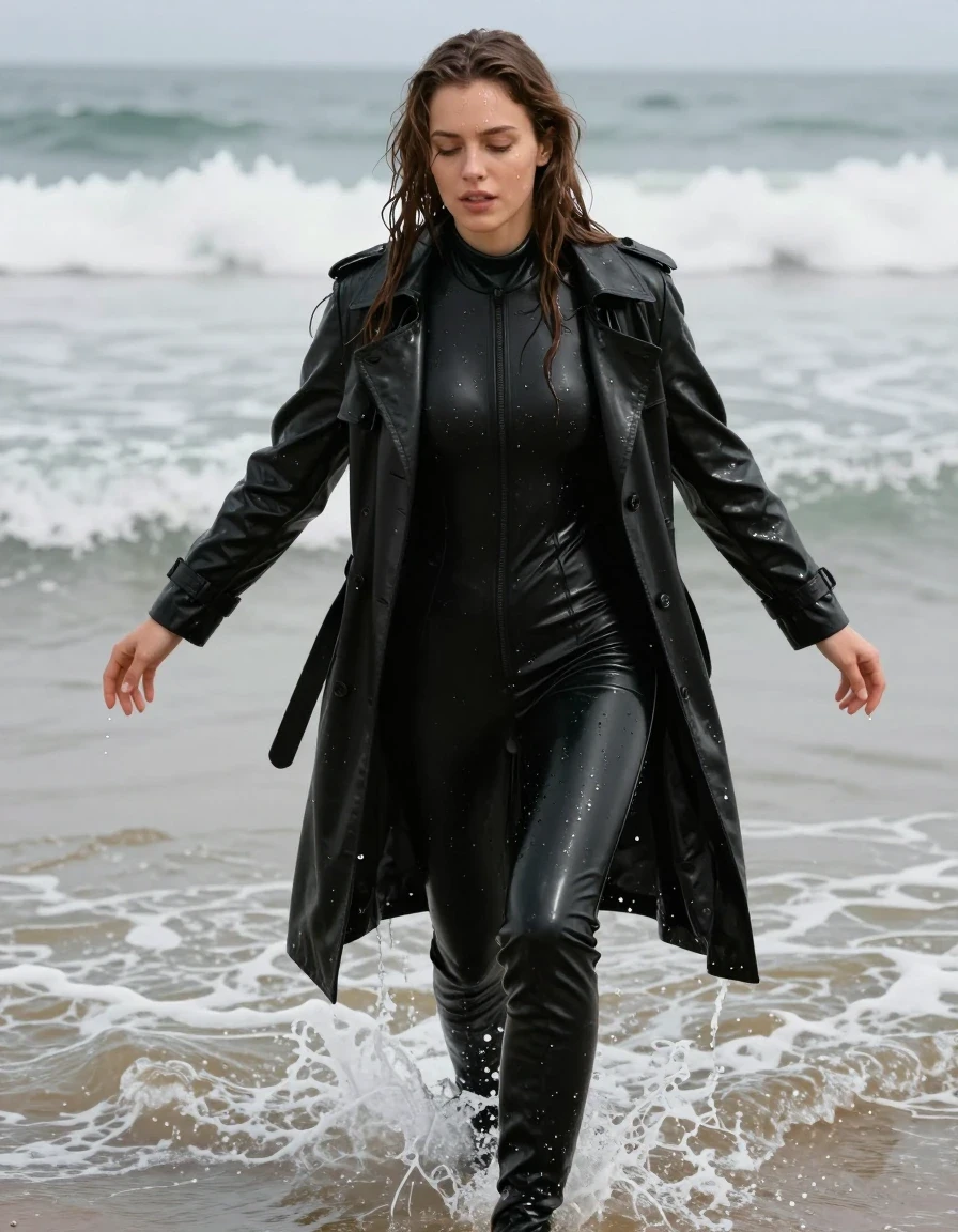 photo of young woman, in soaking wet, drenched clothes,
black leather knee-high boots, black vinyl pants, black vinyl polar neck catsuit , black vinyl trench coat, diving into the waves at the beach, 
enjoying, wet clothes stuck to body,
detailed textures of the wet clothes, wet face, wet plastered hair,
wet, drenched, professional, high-quality details, full body view.
sharp focus, ultra-high pixel detail, realistic, high-quality, full colors, incredibly detailed, 4k, 8k, 16k, hyper-realistic, RAW photo, masterpiece, ultra-detailed, professionally color graded, professional photograph, white woman, long dripping wet brown hair,, wet skin, wet clothes, damp fabric, wet skin, wet clothes, damp fabric, wet skin, wet clothes, damp fabric