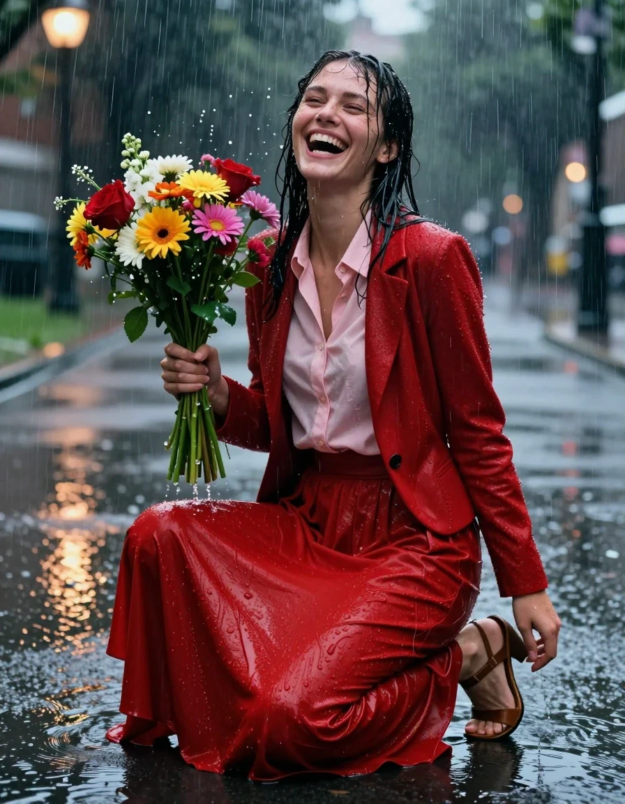 A photorealistic medium shot of a young adult European woman kneeling in a deep puddle in a city park at night during a torrential downpour. She is laughing, holding a vibrant bouquet of flowers. She wears a light pink buttoned-down blouse underneath a red cashmere blazer, and a floor-length red cashmere skirt paired with stockings and elegant sandals. The torrential rain has rendered her clothing thoroughly soaked; the red cashmere blazer and floor-length skirt appear significantly darkened, heavy with water, clinging to her form with deep, saturated fabric folds and visible wet texture. Her hair is plastered to her skin, and her skin displays a realistic, glistening sheen from the heavy rain. The lighting is provided by dim, atmospheric park lamps reflecting off the dark, rippling water of the puddle and the soaked surfaces of her clothing. High-contrast, cinematic lighting, sharp focus on the subject's joyful expression, water droplets splashing around her, hyper-detailed fabric textures, 8k resolution, professional photography.