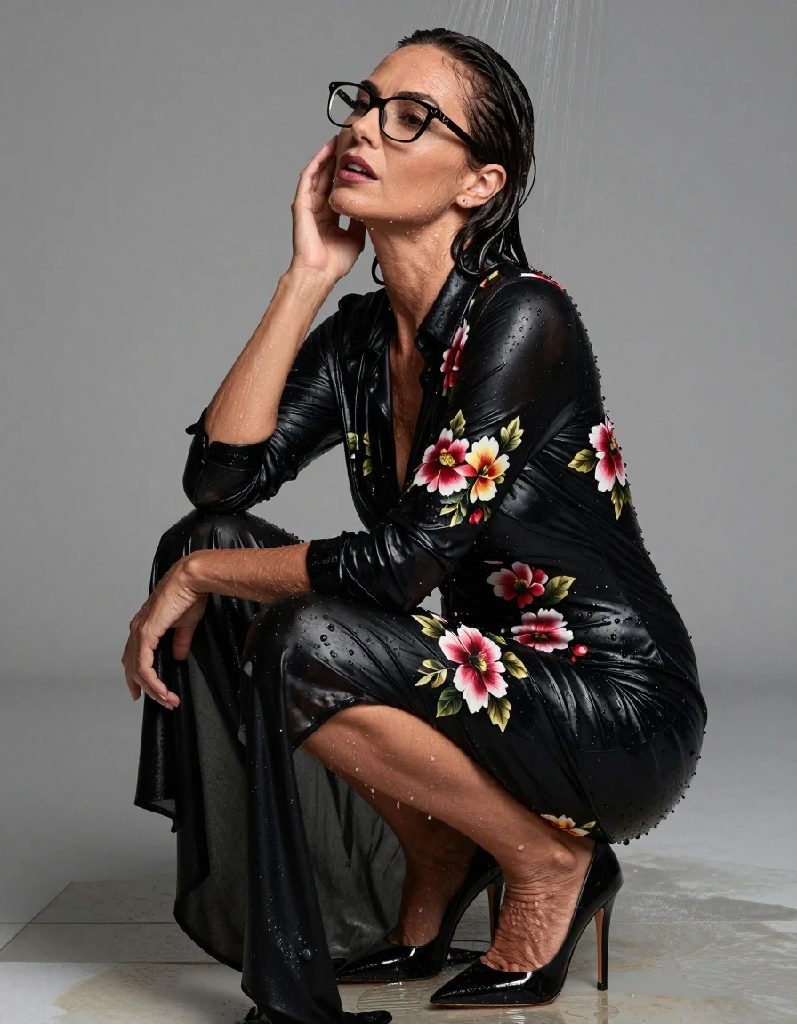photo of young woman, in soaking wet, drenched clothes,
high-heeled shoes, maxi shiny black floral shirt dress, maxi shiny black floral shirt dress, after shower, 
enjoying, wet clothes stuck to body,
detailed textures of the wet clothes, wet face, wet plastered hair,
wet, drenched, professional, high-quality details, full body view.
sharp focus, ultra-high pixel detail, realistic, high-quality, full colors, incredibly detailed, 4k, 8k, 16k, hyper-realistic, RAW photo, masterpiece, ultra-detailed, professionally color graded, professional photograph, europen brunette skinny woman 50 years old, long dark black hair, office glasses, very big and thick lips, complete body, wet skin, wet clothes, damp fabric, wet skin, wet clothes, damp fabric, wet skin, wet clothes, damp fabric, wet skin, wet clothes, damp fabric, wet skin, wet clothes, damp fabric, wet skin, wet clothes, damp fabric, wet skin, wet clothes, damp fabric