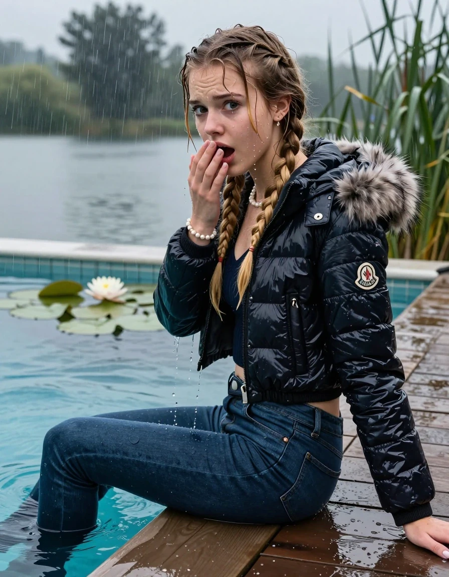 photo of young woman, in soaking wet, drenched clothes,
, Dark blue levis skinny jeans, Moncler shiny puffer down jacket with fur, Open jacket, tight v-neck sweater, shoulderbag, pearl necklace, bracelet, wristwatch, Orgasm in jetty by the lake with water lilies and reeds, 
enjoying, wet clothes stuck to body,
detailed textures of the wet clothes, wet face, wet plastered hair,
wet, drenched, professional, high-quality details, full body view.
sharp focus, ultra-high pixel detail, realistic, high-quality, full colors, incredibly detailed, 4k, 8k, 16k, hyper-realistic, RAW photo, masterpiece, ultra-detailed, professionally color graded, professional photograph, A realistic vertical fashion photograph taken from a backward, behind-the-back angle of a 15-year-old teenage girl sitting  and slides in a glass-walled outdoor swimming pool, facing down to the camera to show her back. She is tilting her head at camera, letting the water drench her hair so it is glued flat against her head and body. She has two blonde long braids , completely saturated and dripping wet hair, with water cascading down her face and neck. Afraid and astonished expression. Hold her hands on her mouth. Closed mouth, big eyes. The lighting is bright and cinematic, highlighting the glistening water droplets on her skin and the saturated texture of her  casual clothes. Outside the large glass wall of the pool building, heavy rain is visible falling against the window. Soft, moody indoor lighting with reflections on the water. High-quality fashion photography style.
her clothing is soaking wet and clinging tightly to her skin, showing heavy wet folds, darkened fabric texture, and deep water-saturated Patches, her clothes are heavy from the water, water runs from her body and her clothes in streams. A lot of water also runs out of her clothes. Her clothes are darkened by the water. 
hyper-realistic wetness, high-contrast water sheen, sharp focus, 16k resolution, professional photography, realistic water physics., wet skin, wet clothes, damp fabric, wet skin, wet clothes, damp fabric, wet skin, wet clothes, damp fabric, wet skin, wet clothes, damp fabric, wet skin, wet clothes, damp fabric, wet skin, wet clothes, damp fabric, wet skin, wet clothes, damp fabric, wet skin, wet clothes, damp fabric, wet skin, wet clothes, damp fabric, wet skin, wet clothes, damp fabric, wet skin, wet clothes, damp fabric, wet skin, wet clothes, damp fabric, wet skin, wet clothes, damp fabric, wet skin, wet clothes, damp fabric, wet skin, wet clothes, damp fabric, wet skin, wet clothes, damp fabric, wet skin, wet clothes, damp fabric, wet skin, wet clothes, damp fabric, wet skin, wet clothes, damp fabric, wet skin, wet clothes, damp fabric, wet skin, wet clothes, damp fabric