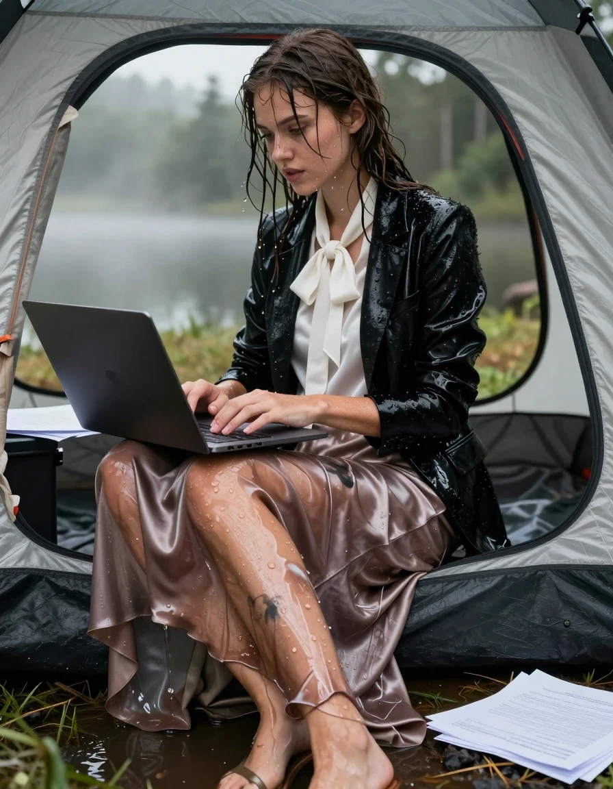 A photorealistic medium shot of a young adult European woman working from a home office setup inside a camping tent, she is fully drenched and dripping wet. She is wearing a black blazer over a white satin blouse with a bowtie, and a floor-length silk skirt, all completely soaked, clinging to her skin, translucent, and heavy with water, showing deep saturated tones and glossy wet sheen. She wears sandals on her feet, with water pooling around her. Her hair is matted and dripping, skin glistening with water droplets. The setting is a forest next to a misty lake shore visible through the open tent flap. She is focused on a laptop, with wet documents scattered around. High-contrast cinematic lighting, hyper-realistic water textures, heavy fabric folds, dark soaked patches on the garments, 8k resolution, professional photography, natural lighting, sharp focus on the textures of the wet silk and skin.