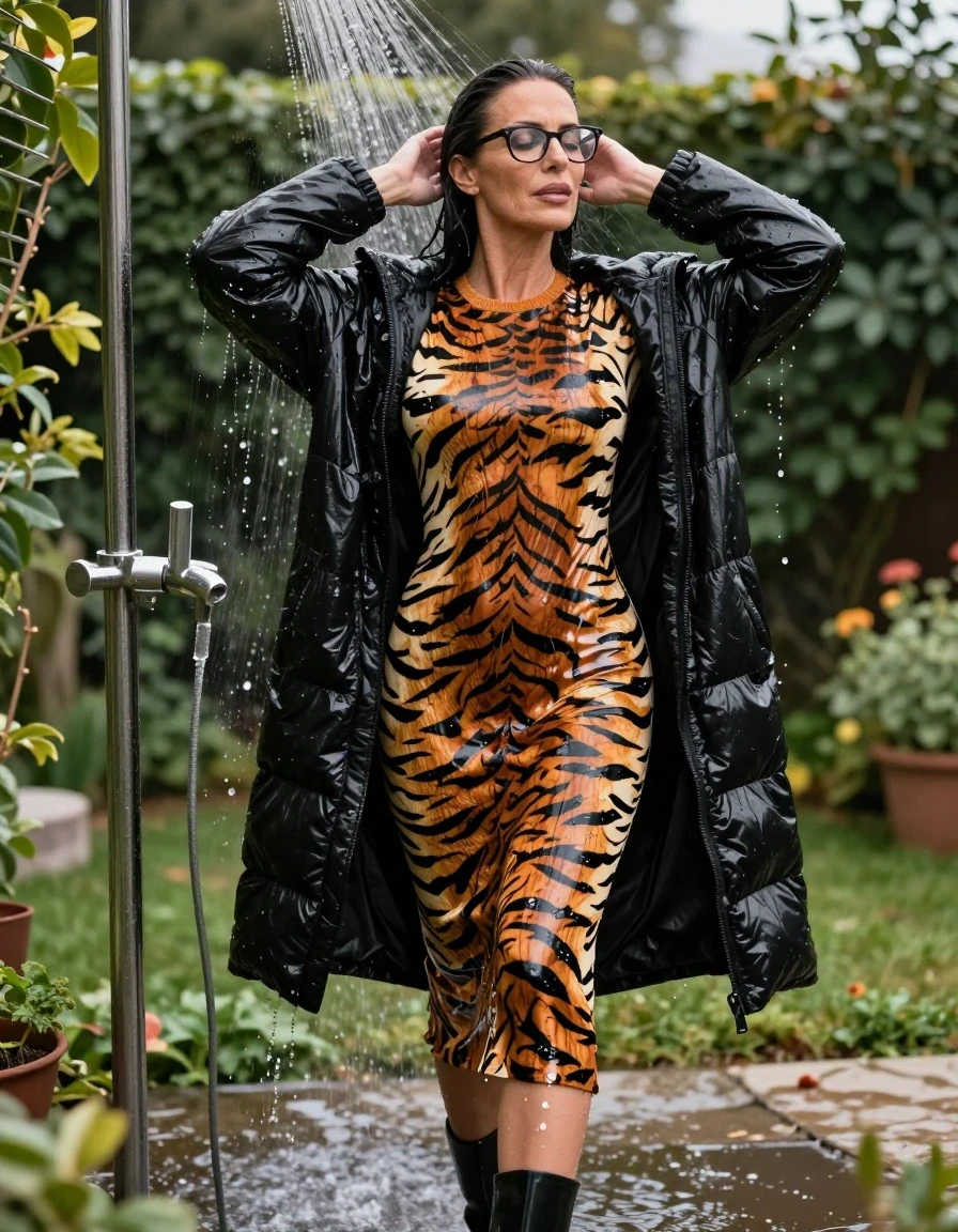 photo of young woman, in soaking wet, drenched clothes,
high-heeled boots, tight maxi shiny tiger printed sweater dress, tight maxi shiny tiger printed sweater dress, taking shower in sunny garden after bath, maxi shiny black down jacket, 
enjoying, wet clothes stuck to body,
detailed textures of the wet clothes, wet face, wet plastered hair,
wet, drenched, professional, high-quality details, full body view.
sharp focus, ultra-high pixel detail, realistic, high-quality, full colors, incredibly detailed, 4k, 8k, 16k, hyper-realistic, RAW photo, masterpiece, ultra-detailed, professionally color graded, professional photograph, europen brunette skinny woman 50 years old, long dark black hair, office glasses, very big and thick lips, complete body, wet skin, wet clothes, damp fabric, wet skin, wet clothes, damp fabric, wet skin, wet clothes, damp fabric, wet skin, wet clothes, damp fabric, wet skin, wet clothes, damp fabric, wet skin, wet clothes, damp fabric, wet skin, wet clothes, damp fabric