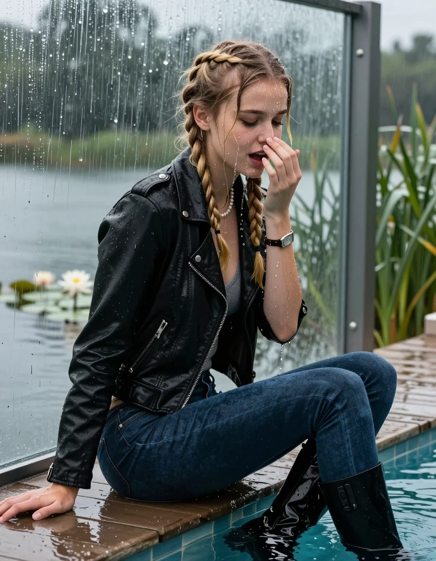 photo of young woman, in soaking wet, drenched clothes,
Black high boots, Dark blue levis skinny jeans, Black biker leatherjacket, Open jacket, tight v-neck sweater, shoulderbag, pearl necklace, bracelet, wristwatch, Orgasm in jetty by the lake with water lilies and reeds, 
enjoying, wet clothes stuck to body,
detailed textures of the wet clothes, wet face, wet plastered hair,
wet, drenched, professional, high-quality details, full body view.
sharp focus, ultra-high pixel detail, realistic, high-quality, full colors, incredibly detailed, 4k, 8k, 16k, hyper-realistic, RAW photo, masterpiece, ultra-detailed, professionally color graded, professional photograph, A realistic vertical fashion photograph taken from a backward, behind-the-back angle of a 15-year-old teenage girl sitting  in a glass-walled outdoor swimming pool, facing down to the camera to show her back. She is tilting her head at camera, letting the water drench her hair so it is glued flat against her head and body. She has two blonde long braids , completely saturated and dripping wet hair, with water cascading down her face and neck. Afraid and astonished Expression. Hold a hand over her nose. Open mouth, closed eyes. The lighting is bright and cinematic, highlighting the glistening water droplets on her skin and the saturated texture of her  casual clothes. Outside the large glass wall of the pool building, heavy rain is visible falling against the window. Soft, moody indoor lighting with reflections on the water. High-quality fashion photography style.
her clothing is soaking wet and clinging tightly to her skin, showing heavy wet folds, darkened fabric texture, and deep water-saturated Patches, her clothes are heavy from the water, water runs from her body and her clothes in streams. A lot of water also runs out of her clothes. Her clothes are darkened by the water. 
hyper-realistic wetness, high-contrast water sheen, sharp focus, 16k resolution, professional photography, realistic water physics., wet skin, wet clothes, damp fabric, wet skin, wet clothes, damp fabric, wet skin, wet clothes, damp fabric, wet skin, wet clothes, damp fabric, wet skin, wet clothes, damp fabric, wet skin, wet clothes, damp fabric, wet skin, wet clothes, damp fabric, wet skin, wet clothes, damp fabric, wet skin, wet clothes, damp fabric, wet skin, wet clothes, damp fabric, wet skin, wet clothes, damp fabric, wet skin, wet clothes, damp fabric, wet skin, wet clothes, damp fabric, wet skin, wet clothes, damp fabric, wet skin, wet clothes, damp fabric, wet skin, wet clothes, damp fabric, wet skin, wet clothes, damp fabric, wet skin, wet clothes, damp fabric, wet skin, wet clothes, damp fabric, wet skin, wet clothes, damp fabric, wet skin, wet clothes, damp fabric