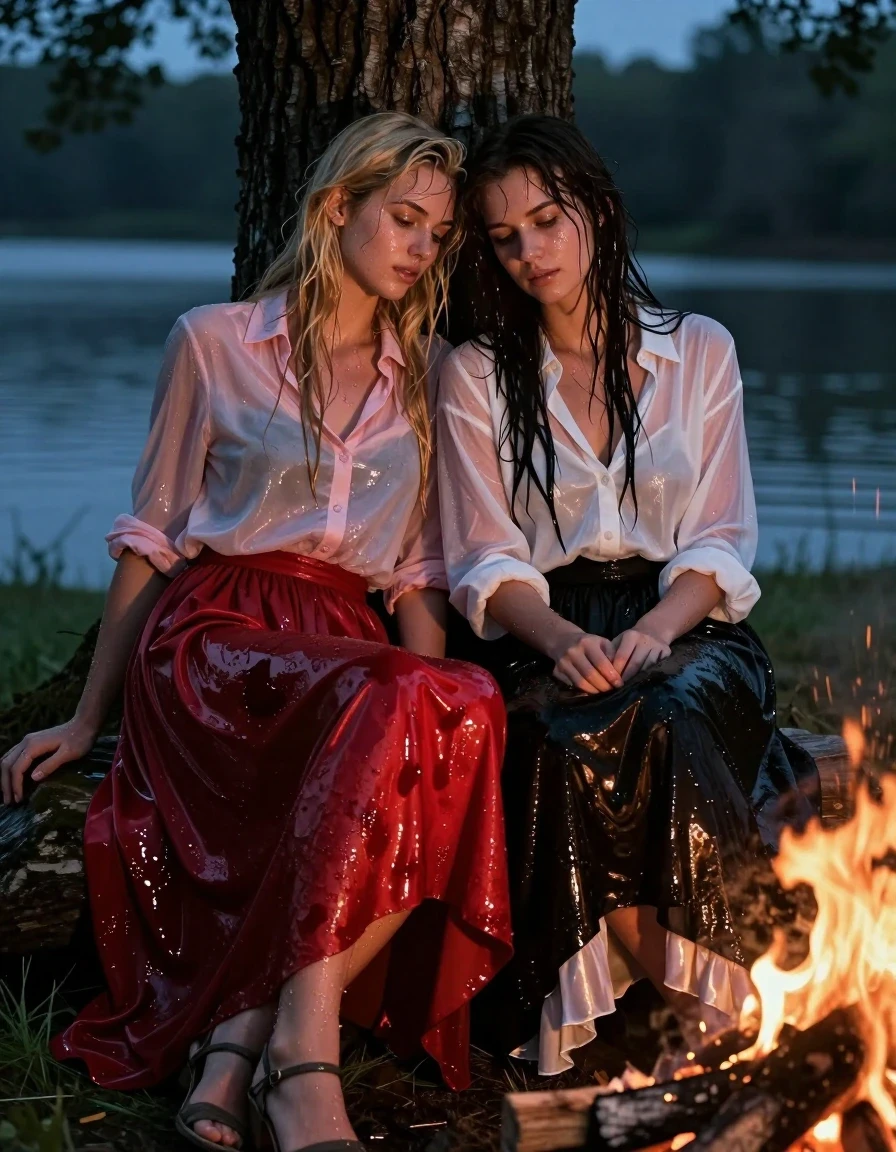 A photorealistic, high-detail scene of two young adult European women, one blonde and one brunette, sitting under a large tree by a lake at night, leaning on each other romantically near a crackling campfire. The blonde woman wears a light pink buttoned-down blouse and a floor-length red silk skirt with stockings and sandals, while the brunette woman wears a sheer white blouse, a black maxi skirt, and a white petticoat. Both women and their clothing are thoroughly drenched, featuring wet skin and damp, clinging hair. The red silk skirt and sheer white blouse are soaking wet, exhibiting darker, saturated patches, heavy folds, clingy fabric texture, and brilliant specular reflections from the firelight. The water-soaked fabrics are translucent in areas, showing deep color shifts and clinging to their silhouettes. The campfire light casts a warm, flickering glow on their wet surfaces, creating intense highlights and deep shadows against the dark, moody lakeside background. Cinematic lighting, 8k resolution, highly detailed textures, realistic water absorption, and wet fabric weight.