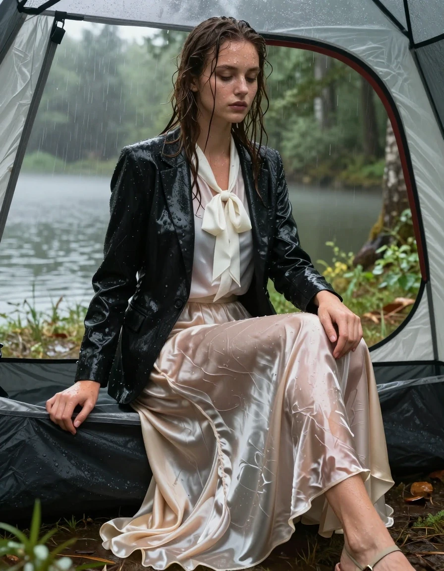 A young adult European woman working in a home office setup inside a tent located in a dense forest next to a lake shore, completely drenched from a recent storm. She is wearing a black blazer over a white satin blouse with a bowtie, and a floor-length silk skirt, all rendered as heavily soaked, damp fabric clinging to her skin with deep, translucent patches and heavy wet folds. Her skin is glistening with water, hair matted and wet, with visible water sheen and droplets. She wears sandals on her feet. The environment is humid and misty, with the tent interior showing signs of water ingress. High-detail photorealistic capture, sharp focus on the wet texture of the silk and satin materials, dramatic natural lighting filtering through the tent mesh, cinematic composition, 8k resolution, professional photography.