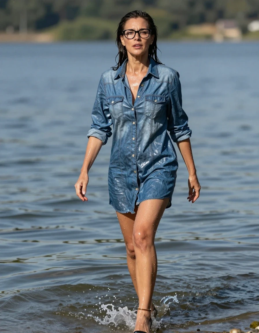 photo of young woman, in soaking wet, drenched clothes,
high-heeled shoes, maxi shiny blue denim shirt dress, maxi shiny blue denim shirt dress, playing in sunny lake, 
enjoying, wet clothes stuck to body,
detailed textures of the wet clothes, wet face, wet plastered hair,
wet, drenched, professional, high-quality details, full body view.
sharp focus, ultra-high pixel detail, realistic, high-quality, full colors, incredibly detailed, 4k, 8k, 16k, hyper-realistic, RAW photo, masterpiece, ultra-detailed, professionally color graded, professional photograph, europen brunette skinny woman 50 years old, long dark black hair, office glasses, very big and thick lips, complete body, wet skin, wet clothes, damp fabric, wet skin, wet clothes, damp fabric, wet skin, wet clothes, damp fabric, wet skin, wet clothes, damp fabric, wet skin, wet clothes, damp fabric, wet skin, wet clothes, damp fabric, wet skin, wet clothes, damp fabric