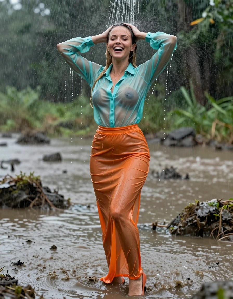 photo of young woman, in soaking wet, drenched clothes,
pumps, high-heels, transparent orange slim floor-length satin skirt, no underwear, transparent türkis slim satin long blouse, see-through, kein BH, mudbath, swamp, waves, heavy rain, 
enjoying, wet clothes stuck to body,
detailed textures of the wet clothes, wet face, wet plastered hair,
wet, drenched, professional, high-quality details, full body view.
sharp focus, ultra-high pixel detail, realistic, high-quality, full colors, incredibly detailed, 4k, 8k, 16k, hyper-realistic, RAW photo, masterpiece, ultra-detailed, professionally color graded, professional photograph, muddy water, laughing, blond hair, shower, collar, long sleeves, buttoned, wet hair, long hair, soaking wet blouse,  full body view,  side view, drenched clothes, shower, wet skin, wet clothes, soaking wet fabric, pouring water on head,
kein BH, sichtbare Brüste, im wasser stehen, Blick zur Kamera, wet skin, wet clothes, damp fabric