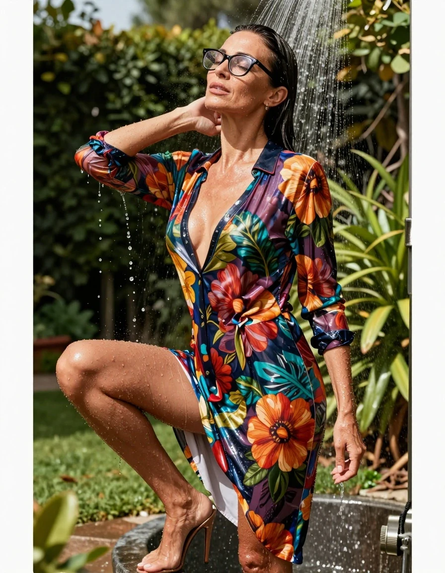 photo of young woman, in soaking wet, drenched clothes,
high-heeled shoes, maxi shiny multicolored floral shirt dress, maxi shiny multicolored floral shirt dress, taking shower in sunny garden after bath, 
enjoying, wet clothes stuck to body,
detailed textures of the wet clothes, wet face, wet plastered hair,
wet, drenched, professional, high-quality details, full body view.
sharp focus, ultra-high pixel detail, realistic, high-quality, full colors, incredibly detailed, 4k, 8k, 16k, hyper-realistic, RAW photo, masterpiece, ultra-detailed, professionally color graded, professional photograph, europen brunette skinny woman 50 years old, long dark black hair, office glasses, very big and thick lips, complete body, wet skin, wet clothes, damp fabric, wet skin, wet clothes, damp fabric, wet skin, wet clothes, damp fabric, wet skin, wet clothes, damp fabric, wet skin, wet clothes, damp fabric, wet skin, wet clothes, damp fabric, wet skin, wet clothes, damp fabric