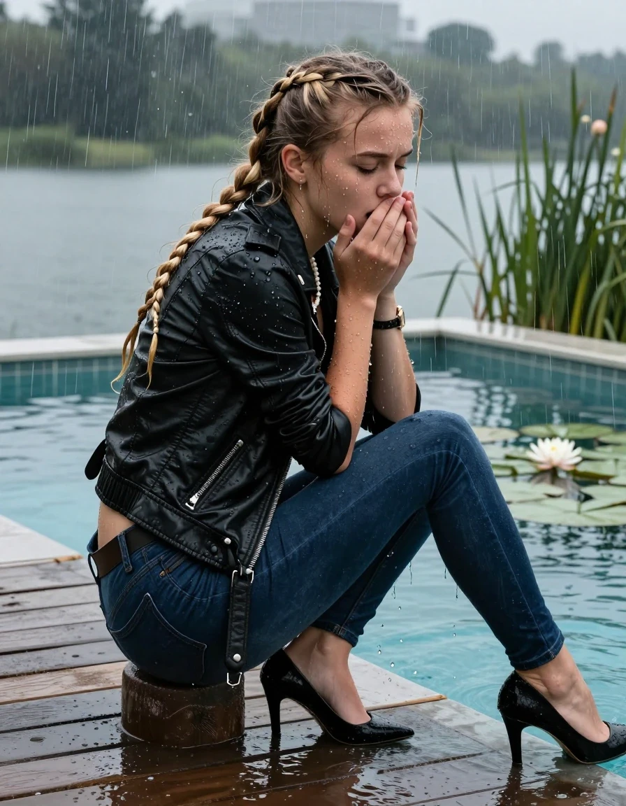 photo of young woman, in soaking wet, drenched clothes,
Black high heels, Dark blue levis skinny jeans, Black biker leatherjacket, Open jacket, tight v-neck sweater, shoulderbag, pearl necklace, bracelet, wristwatch, Orgasm in jetty by the lake with water lilies and reeds, 
enjoying, wet clothes stuck to body,
detailed textures of the wet clothes, wet face, wet plastered hair,
wet, drenched, professional, high-quality details, full body view.
sharp focus, ultra-high pixel detail, realistic, high-quality, full colors, incredibly detailed, 4k, 8k, 16k, hyper-realistic, RAW photo, masterpiece, ultra-detailed, professionally color graded, professional photograph, A realistic vertical fashion photograph taken from a backward, behind-the-back angle of a 15-year-old teenage girl sitting  in a glass-walled outdoor swimming pool, facing down to the camera to show her back. She is tilting her head at camera, letting the water drench her hair so it is glued flat against her head and body. She has two blonde long braids , completely saturated and dripping wet hair, with water cascading down her face and neck. Afraid and astonished Expression. Hold her hands over her mouth. Closed mouth, closed eyes. The lighting is bright and cinematic, highlighting the glistening water droplets on her skin and the saturated texture of her  casual clothes. Outside the large glass wall of the pool building, heavy rain is visible falling against the window. Soft, moody indoor lighting with reflections on the water. High-quality fashion photography style.
her clothing is soaking wet and clinging tightly to her skin, showing heavy wet folds, darkened fabric texture, and deep water-saturated Patches, her clothes are heavy from the water, water runs from her body and her clothes in streams. A lot of water also runs out of her clothes. Her clothes are darkened by the water. 
hyper-realistic wetness, high-contrast water sheen, sharp focus, 16k resolution, professional photography, realistic water physics., wet skin, wet clothes, damp fabric, wet skin, wet clothes, damp fabric, wet skin, wet clothes, damp fabric, wet skin, wet clothes, damp fabric, wet skin, wet clothes, damp fabric, wet skin, wet clothes, damp fabric, wet skin, wet clothes, damp fabric, wet skin, wet clothes, damp fabric, wet skin, wet clothes, damp fabric, wet skin, wet clothes, damp fabric, wet skin, wet clothes, damp fabric, wet skin, wet clothes, damp fabric, wet skin, wet clothes, damp fabric, wet skin, wet clothes, damp fabric, wet skin, wet clothes, damp fabric, wet skin, wet clothes, damp fabric, wet skin, wet clothes, damp fabric, wet skin, wet clothes, damp fabric, wet skin, wet clothes, damp fabric, wet skin, wet clothes, damp fabric, wet skin, wet clothes, damp fabric, wet skin, wet clothes, damp fabric