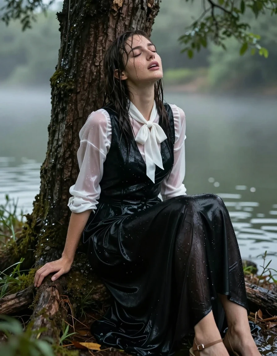 A stunning young adult European woman sitting under a large ancient tree by a serene lake shore. She is wearing an elegant black vest over a crisp white satin blouse with a bowtie, and a floor-length silk skirt paired with delicate sandals. She is completely drenched, her skin glistening with water sheen, her hair heavily wet and clinging to her face and shoulders. The white satin blouse is translucent, soaked through and clinging to her form, while the black vest and floor-length silk skirt are heavy, darkened by water, and clinging to her body with realistic damp fabric folds and deep, saturated tones. She is captured in a moment of intense, ecstatic pleasure, her expression reflecting an orgasm, eyes half-closed, head tilted back. The atmosphere is humid and misty, with water droplets visible on her skin and clothing. Cinematic lighting highlights the texture of the wet fabrics and the glistening skin, shot with a shallow depth of field, 8k resolution, highly detailed, photorealistic, natural forest environment, soft dappled light filtering through the canopy, lake water reflecting the ambient light in the background.