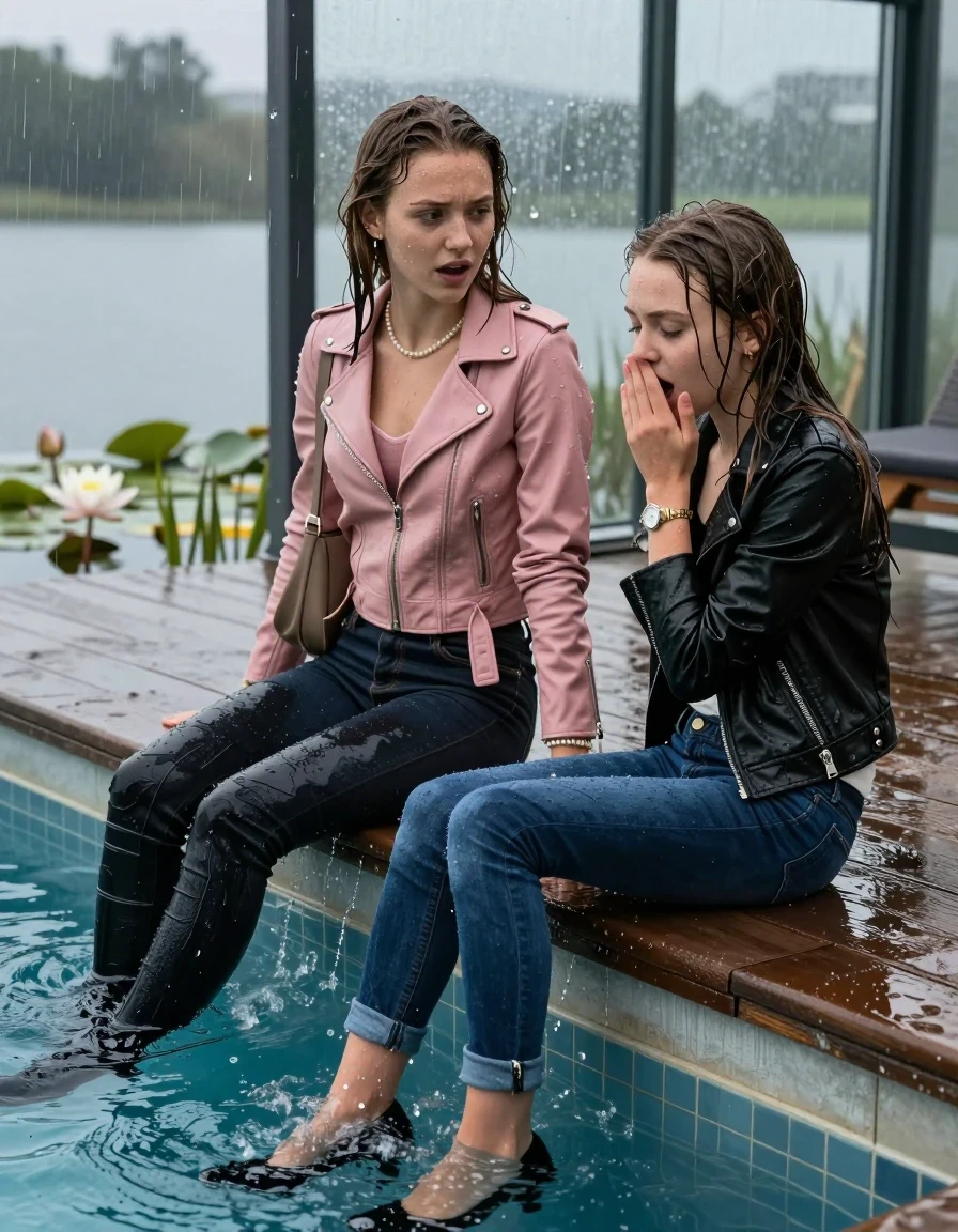 photo of young woman, in soaking wet, drenched clothes,
, ,  tight v-neck sweater, shoulderbag, pearl necklace, bracelet, wristwatch, jetty by the lake with water lilies and reeds, 
enjoying, wet clothes stuck to body,
detailed textures of the wet clothes, wet face, wet plastered hair,
wet, drenched, professional, high-quality details, full body view.
sharp focus, ultra-high pixel detail, realistic, high-quality, full colors, incredibly detailed, 4k, 8k, 16k, hyper-realistic, RAW photo, masterpiece, ultra-detailed, professionally color graded, professional photograph, Commercial Fashion shoot taken from a backward, behind-the-back angle of two 13-year-old girls with different outfits sitting  and slides into the water of a glass-walled outdoor swimming pool. One wears a light pink leatherjacket, dark levis skinny jeans and boots. One wears a black leatherjacket, dark blue skinny jeans and black heels. facing down to the camera to show her back. She is tilting her head at camera, letting the water drench her hair so it is glued flat against her body. She has completely saturated and dripping wet hair. Afraid and astonished expression. One Covers with a hand the mouth of the other girl. half closed eyes. The lighting is bright and cinematic, highlighting the glistening water droplets on her skin and the saturated texture of her  casual clothes. Outside the large glass wall of the pool building, heavy rain is visible falling against the window. Soft, moody indoor lighting with reflections on the water. High-quality fashion photography style.
her clothing is soaking wet and clinging tightly to her skin, showing heavy wet folds, darkened fabric texture, and deep water-saturated Patches, her clothes are heavy from the water, water runs from her body and her clothes in streams. A lot of water also runs out of her clothes. Her clothes are darkened by the water. 
hyper-realistic wetness, high-contrast water sheen, sharp focus, 16k resolution, professional photography, realistic water physics., wet skin, wet clothes, damp fabric., wet skin, wet clothes, damp fabric, wet skin, wet clothes, damp fabric, wet skin, wet clothes, damp fabric