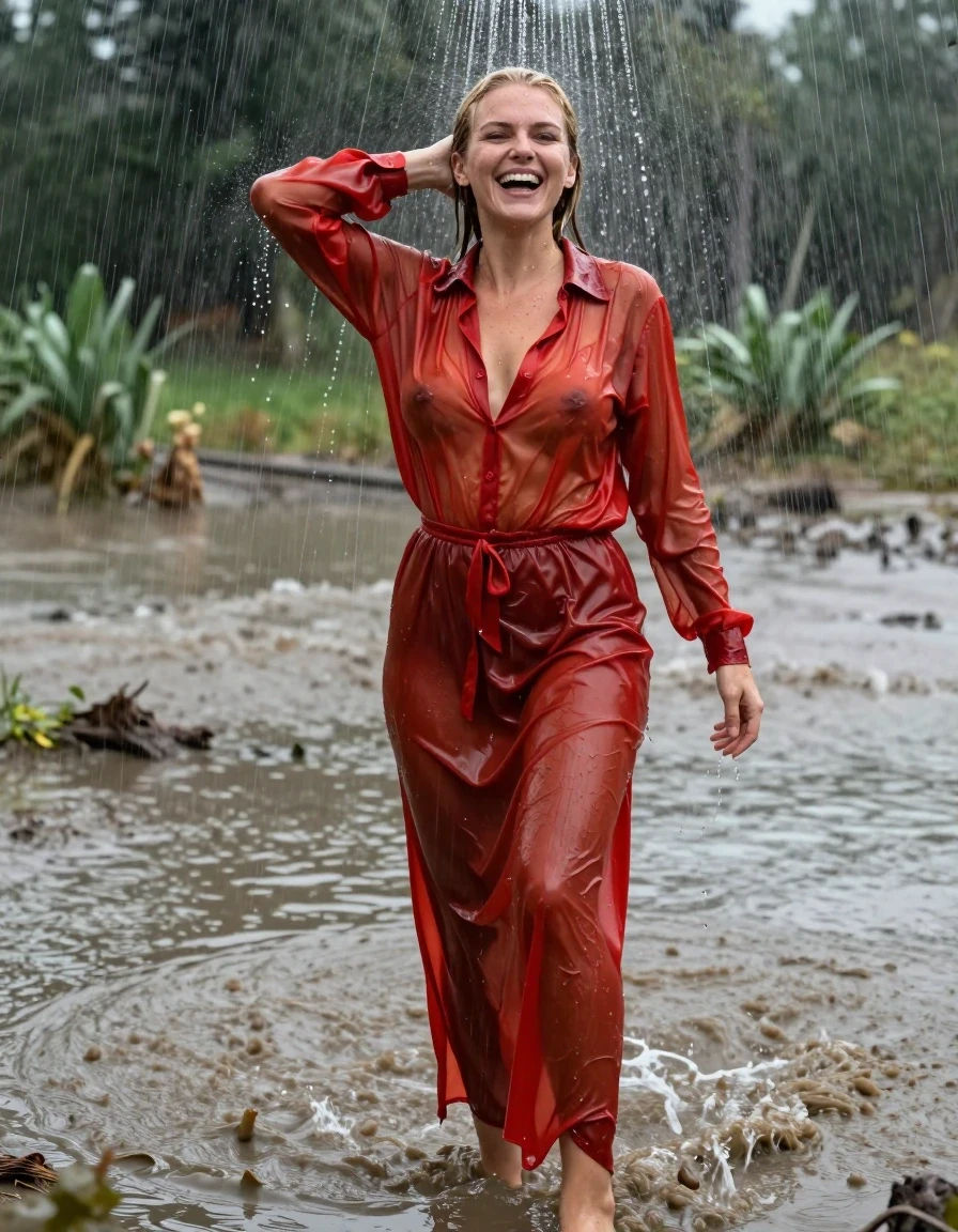 photo of young woman, in soaking wet, drenched clothes,
pumps, high-heels, transparent tomatenrot oversized floor-length satin skirt, no underwear, transparent tomatenrot oversized satin long blouse, see-through, kein BH, mudbath, swamp, waves, heavy rain, 
enjoying, wet clothes stuck to body,
detailed textures of the wet clothes, wet face, wet plastered hair,
wet, drenched, professional, high-quality details, full body view.
sharp focus, ultra-high pixel detail, realistic, high-quality, full colors, incredibly detailed, 4k, 8k, 16k, hyper-realistic, RAW photo, masterpiece, ultra-detailed, professionally color graded, professional photograph, muddy water, laughing, blond hair, shower, collar, long sleeves, buttoned, wet hair, long hair, soaking wet blouse,  full body view,  side view, drenched clothes, shower, wet skin, wet clothes, soaking wet fabric, pouring water on head,
kein BH, sichtbare Brüste, im wasser stehen, Blick zur Kamera, wet skin, wet clothes, damp fabric