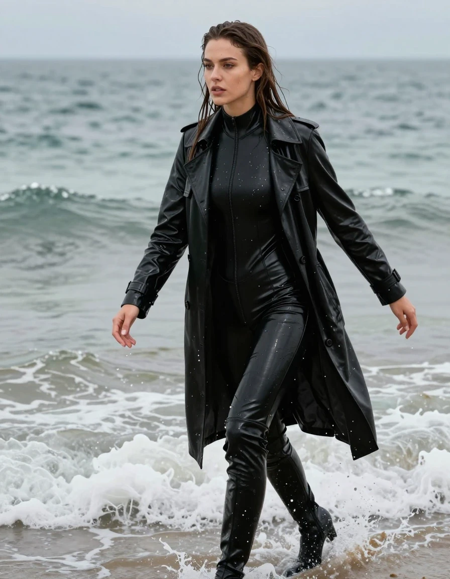 photo of young woman, in soaking wet, drenched clothes,
black leather knee-high boots, black vinyl pants, black vinyl polar neck catsuit , black vinyl trench coat, diving into the waves at the beach, 
enjoying, wet clothes stuck to body,
detailed textures of the wet clothes, wet face, wet plastered hair,
wet, drenched, professional, high-quality details, full body view.
sharp focus, ultra-high pixel detail, realistic, high-quality, full colors, incredibly detailed, 4k, 8k, 16k, hyper-realistic, RAW photo, masterpiece, ultra-detailed, professionally color graded, professional photograph, white woman, long dripping wet brown hair,, wet skin, wet clothes, damp fabric, wet skin, wet clothes, damp fabric, wet skin, wet clothes, damp fabric