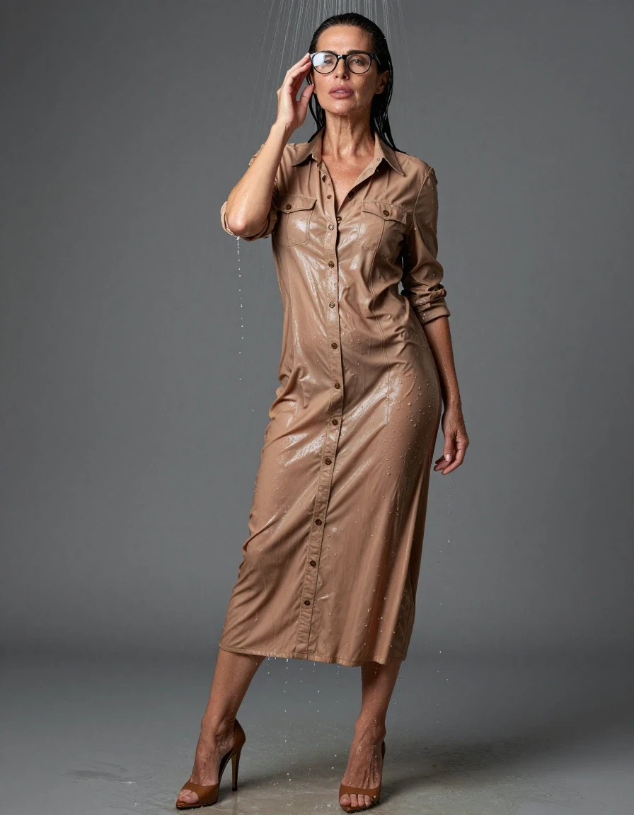 photo of young woman, in soaking wet, drenched clothes,
high-heeled shoes, maxi shiny light brown denim shirt dress, maxi shiny light brown denim shirt dress, after shower, 
enjoying, wet clothes stuck to body,
detailed textures of the wet clothes, wet face, wet plastered hair,
wet, drenched, professional, high-quality details, full body view.
sharp focus, ultra-high pixel detail, realistic, high-quality, full colors, incredibly detailed, 4k, 8k, 16k, hyper-realistic, RAW photo, masterpiece, ultra-detailed, professionally color graded, professional photograph, europen brunette skinny woman 50 years old, long dark black hair, office glasses, very big and thick lips, complete body, wet skin, wet clothes, damp fabric, wet skin, wet clothes, damp fabric, wet skin, wet clothes, damp fabric, wet skin, wet clothes, damp fabric, wet skin, wet clothes, damp fabric, wet skin, wet clothes, damp fabric, wet skin, wet clothes, damp fabric