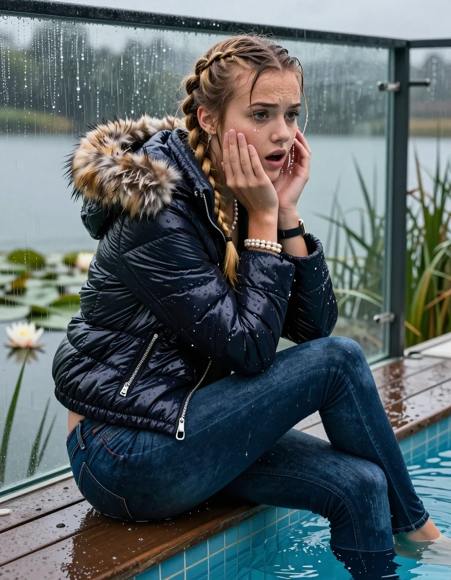 photo of young woman, in soaking wet, drenched clothes,
, Dark blue levis skinny jeans, Moncler shiny puffer down jacket with fur, Open jacket, tight v-neck sweater, shoulderbag, pearl necklace, bracelet, wristwatch, Orgasm in jetty by the lake with water lilies and reeds, 
enjoying, wet clothes stuck to body,
detailed textures of the wet clothes, wet face, wet plastered hair,
wet, drenched, professional, high-quality details, full body view.
sharp focus, ultra-high pixel detail, realistic, high-quality, full colors, incredibly detailed, 4k, 8k, 16k, hyper-realistic, RAW photo, masterpiece, ultra-detailed, professionally color graded, professional photograph, A realistic vertical fashion photograph taken from a backward, behind-the-back angle of a 15-year-old teenage girl sitting  in a glass-walled outdoor swimming pool, facing down to the camera to show her back. She is tilting her head at camera, letting the water drench her hair so it is glued flat against her head and body. She has two blonde long braids , completely saturated and dripping wet hair, with water cascading down her face and neck. Afraid and astonished expression. Hold her hands on her chin. open mouth, big eyes. The lighting is bright and cinematic, highlighting the glistening water droplets on her skin and the saturated texture of her  casual clothes. Outside the large glass wall of the pool building, heavy rain is visible falling against the window. Soft, moody indoor lighting with reflections on the water. High-quality fashion photography style.
her clothing is soaking wet and clinging tightly to her skin, showing heavy wet folds, darkened fabric texture, and deep water-saturated Patches, her clothes are heavy from the water, water runs from her body and her clothes in streams. A lot of water also runs out of her clothes. Her clothes are darkened by the water. 
hyper-realistic wetness, high-contrast water sheen, sharp focus, 16k resolution, professional photography, realistic water physics., wet skin, wet clothes, damp fabric, wet skin, wet clothes, damp fabric, wet skin, wet clothes, damp fabric, wet skin, wet clothes, damp fabric, wet skin, wet clothes, damp fabric, wet skin, wet clothes, damp fabric, wet skin, wet clothes, damp fabric, wet skin, wet clothes, damp fabric, wet skin, wet clothes, damp fabric, wet skin, wet clothes, damp fabric, wet skin, wet clothes, damp fabric, wet skin, wet clothes, damp fabric, wet skin, wet clothes, damp fabric, wet skin, wet clothes, damp fabric, wet skin, wet clothes, damp fabric, wet skin, wet clothes, damp fabric, wet skin, wet clothes, damp fabric, wet skin, wet clothes, damp fabric, wet skin, wet clothes, damp fabric, wet skin, wet clothes, damp fabric, wet skin, wet clothes, damp fabric
