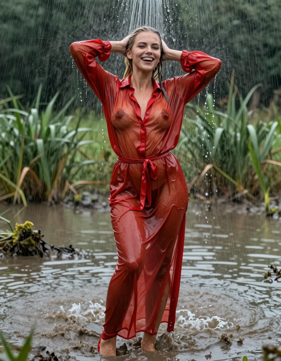 photo of young woman, in soaking wet, drenched clothes,
pumps, high-heels, transparent tomatenrot oversized floor-length satin skirt, no underwear, transparent tomatenrot oversized satin long blouse, see-through, kein BH, mudbath, swamp, waves, heavy rain, 
enjoying, wet clothes stuck to body,
detailed textures of the wet clothes, wet face, wet plastered hair,
wet, drenched, professional, high-quality details, full body view.
sharp focus, ultra-high pixel detail, realistic, high-quality, full colors, incredibly detailed, 4k, 8k, 16k, hyper-realistic, RAW photo, masterpiece, ultra-detailed, professionally color graded, professional photograph, muddy water, laughing, blond hair, shower, collar, long sleeves, buttoned, wet hair, long hair, soaking wet blouse,  full body view,  side view, drenched clothes, shower, wet skin, wet clothes, soaking wet fabric, pouring water on head,
kein BH, sichtbare Brüste, im wasser stehen, Blick zur Kamera, wet skin, wet clothes, damp fabric