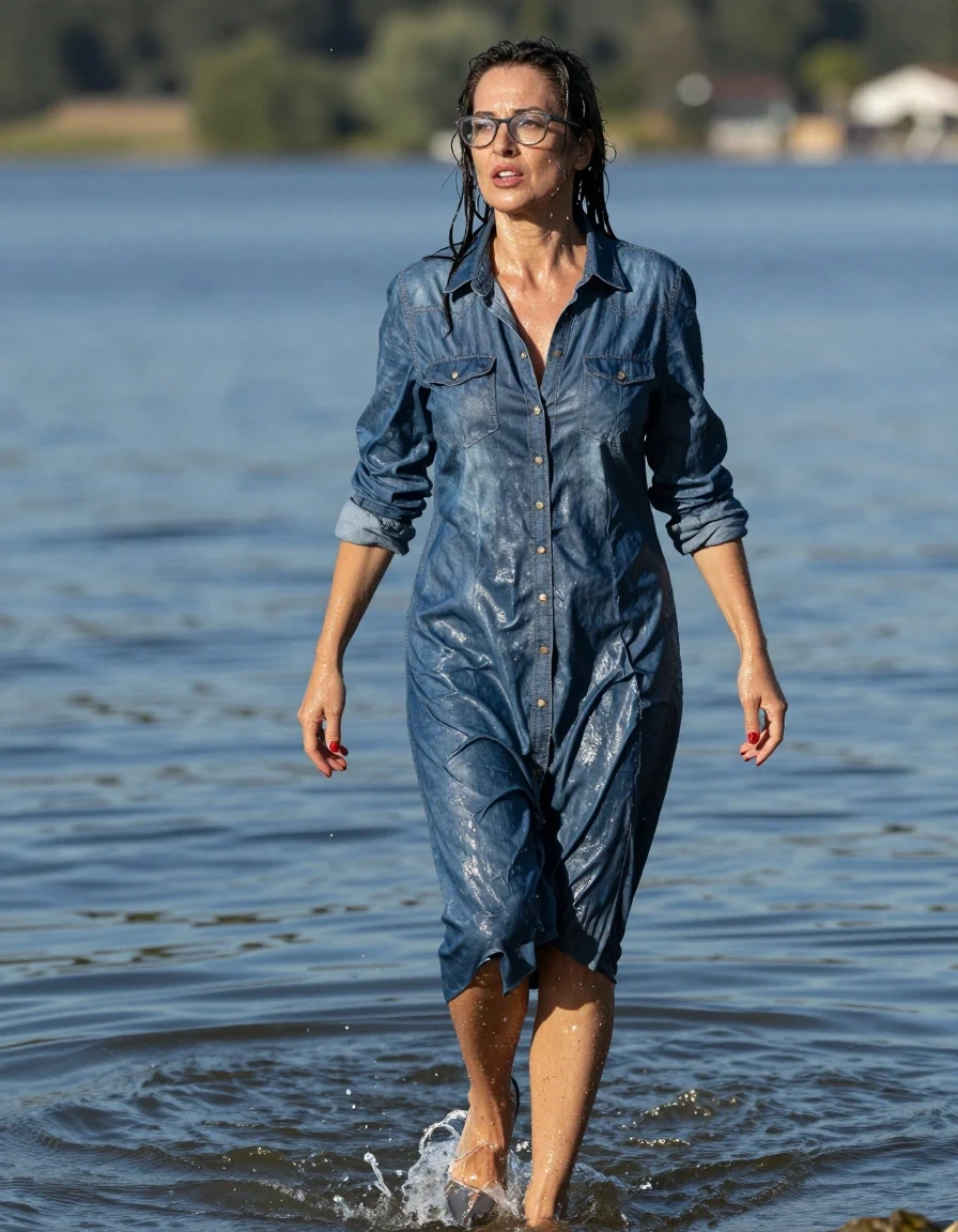 photo of young woman, in soaking wet, drenched clothes,
high-heeled shoes, maxi shiny blue denim shirt dress, maxi shiny blue denim shirt dress, playing in sunny lake, 
enjoying, wet clothes stuck to body,
detailed textures of the wet clothes, wet face, wet plastered hair,
wet, drenched, professional, high-quality details, full body view.
sharp focus, ultra-high pixel detail, realistic, high-quality, full colors, incredibly detailed, 4k, 8k, 16k, hyper-realistic, RAW photo, masterpiece, ultra-detailed, professionally color graded, professional photograph, europen brunette skinny woman 50 years old, long dark black hair, office glasses, very big and thick lips, complete body, wet skin, wet clothes, damp fabric, wet skin, wet clothes, damp fabric, wet skin, wet clothes, damp fabric, wet skin, wet clothes, damp fabric, wet skin, wet clothes, damp fabric, wet skin, wet clothes, damp fabric, wet skin, wet clothes, damp fabric