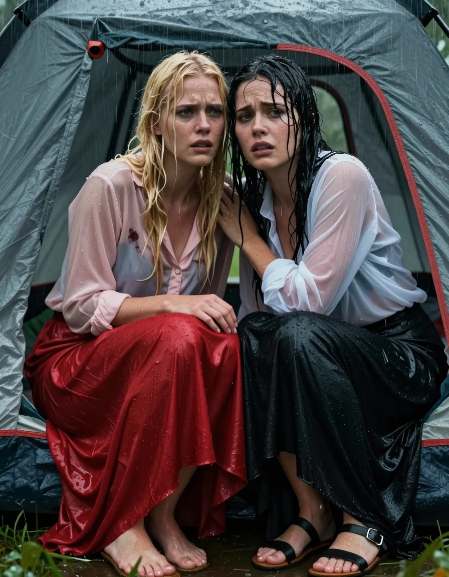 A photorealistic medium shot of a blonde European woman and a brunette European woman huddled together inside a dimly lit camping tent during a heavy rainstorm. The blonde woman wears a light pink buttoned-down blouse and a floor-length red silk skirt over stockings, while the brunette woman wears a sheer white blouse and a black maxi skirt. Both women are wearing sandals. Their skin is glistening with wetness, hair matted and damp, and their clothes are heavily soaked, clinging to their bodies with dark, translucent patches and heavy wet folds. The fabric texture is clearly visible as damp and water-saturated. Their expressions convey a complex mixture of fear and arousal as they react to the sound of rain drumming on the tent canvas. The lighting is moody and atmospheric, with soft, cool-toned ambient light filtering through the tent fabric, highlighting the wet sheen on their skin and the clinging, heavy fabric of their garments. High-definition photographic detail, realistic skin texture, intricate fabric folds, and palpable humidity.