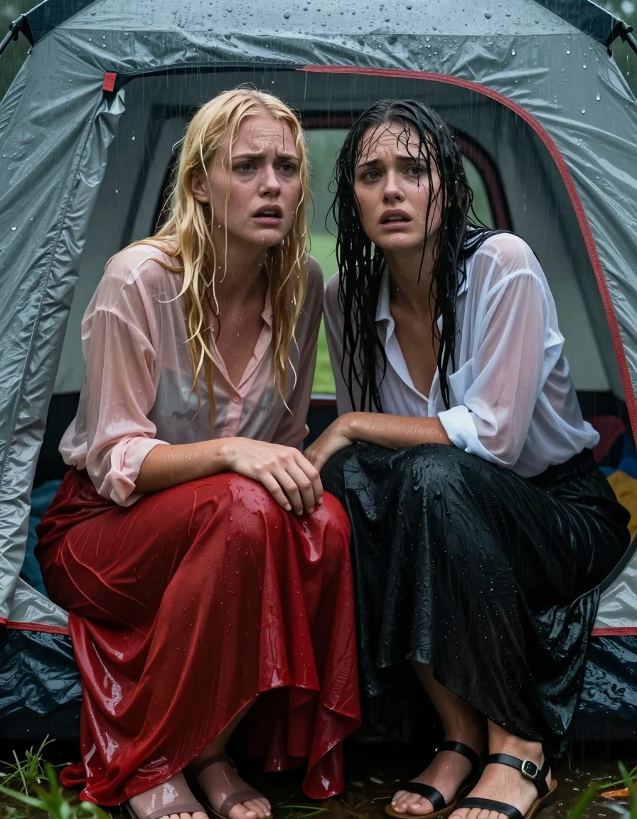 A hyper-realistic cinematic shot of a young adult blonde European woman and a brunette European woman huddled inside a camping tent during a heavy rainstorm. Both women exhibit expressions of intense, palpable fear mixed with an underlying, conflicted sense of arousal. Their skin is glistening with a heavy layer of moisture, hair damp and plastered to their faces. The blonde woman wears a light pink buttoned-down blouse paired with a floor-length red silk skirt and sheer stockings; the brunette woman wears a sheer white blouse and a black maxi skirt. Both are wearing sandals. Their clothes are visibly soaked, clinging to their bodies with heavy, saturated fabric folds, dark patches from water absorption, and a realistic damp sheen. The tent interior is dimly lit by the ambient light filtering through the rain-drenched fabric, highlighting the wet texture of their clothing and skin. The atmosphere is thick with humidity, realistic water droplets clinging to the tent walls, sharp focus, 8k resolution, highly detailed skin texture, and wet-look aesthetic.