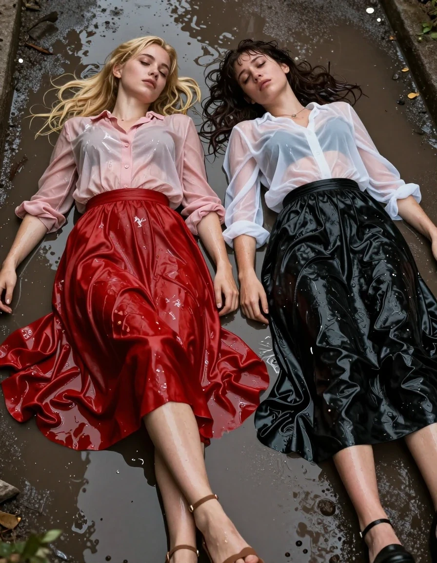 A photorealistic, high-detail wide shot of two exhausted young adult European women, a blonde and a brunette, lying sprawled in a shallow, murky puddle on a rough pavement. The blonde woman wears a light pink buttoned-down blouse and a floor-length red silk skirt with stockings and sandals, while the brunette woman wears a sheer white blouse and a black maxi skirt. Both women appear completely drained, with disheveled hair and expressions of deep fatigue. Their clothing is heavily soaked, with the silk and sheer fabrics clinging to their skin, showing deep, saturated colors, heavy water-logged folds, and dark, translucent patches where the fabric is saturated. The water creates a shimmering, glossy sheen on their wet skin, hair, and the surface of their garments. The environment is damp and gritty, with water pooling around their limbs and reflecting the dim ambient light. Cinematic lighting, sharp focus on the textures of the wet fabric and skin, 8k resolution, highly detailed, realistic water dynamics, heavy wet clinging fabric texture.