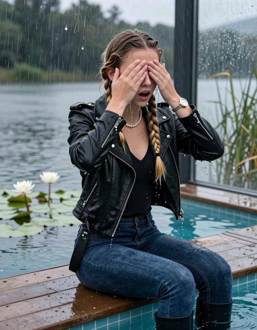 photo of young woman, in soaking wet, drenched clothes,
Black high boots, Dark blue levis skinny jeans, Black biker leatherjacket, Open jacket, tight v-neck sweater, shoulderbag, pearl necklace, bracelet, wristwatch, Orgasm in jetty by the lake with water lilies and reeds, 
enjoying, wet clothes stuck to body,
detailed textures of the wet clothes, wet face, wet plastered hair,
wet, drenched, professional, high-quality details, full body view.
sharp focus, ultra-high pixel detail, realistic, high-quality, full colors, incredibly detailed, 4k, 8k, 16k, hyper-realistic, RAW photo, masterpiece, ultra-detailed, professionally color graded, professional photograph, A realistic vertical fashion photograph taken from a backward, behind-the-back angle of a 15-year-old teenage girl sitting  in a glass-walled outdoor swimming pool, facing down to the camera to show her back. She is tilting her head at camera, letting the water drench her hair so it is glued flat against her head and body. She has two blonde long braids , completely saturated and dripping wet hair, with water cascading down her face and neck. Afraid and astonished Expression. Hold her hands over her eyes. Closed mouth, big eyes. The lighting is bright and cinematic, highlighting the glistening water droplets on her skin and the saturated texture of her  casual clothes. Outside the large glass wall of the pool building, heavy rain is visible falling against the window. Soft, moody indoor lighting with reflections on the water. High-quality fashion photography style.
her clothing is soaking wet and clinging tightly to her skin, showing heavy wet folds, darkened fabric texture, and deep water-saturated Patches, her clothes are heavy from the water, water runs from her body and her clothes in streams. A lot of water also runs out of her clothes. Her clothes are darkened by the water. 
hyper-realistic wetness, high-contrast water sheen, sharp focus, 16k resolution, professional photography, realistic water physics., wet skin, wet clothes, damp fabric, wet skin, wet clothes, damp fabric, wet skin, wet clothes, damp fabric, wet skin, wet clothes, damp fabric, wet skin, wet clothes, damp fabric, wet skin, wet clothes, damp fabric, wet skin, wet clothes, damp fabric, wet skin, wet clothes, damp fabric, wet skin, wet clothes, damp fabric, wet skin, wet clothes, damp fabric, wet skin, wet clothes, damp fabric, wet skin, wet clothes, damp fabric, wet skin, wet clothes, damp fabric, wet skin, wet clothes, damp fabric, wet skin, wet clothes, damp fabric, wet skin, wet clothes, damp fabric, wet skin, wet clothes, damp fabric, wet skin, wet clothes, damp fabric, wet skin, wet clothes, damp fabric, wet skin, wet clothes, damp fabric, wet skin, wet clothes, damp fabric