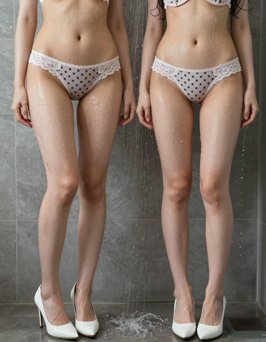 photo of young woman, in soaking wet, drenched clothes,
White high heels, Lace pattern panties with lace trim, Spot pattern bra with lace trim, Shower, 
enjoying, wet clothes stuck to body,
detailed textures of the wet clothes, wet face, wet plastered hair,
wet, drenched, professional, high-quality details, full body view.
sharp focus, ultra-high pixel detail, realistic, high-quality, full colors, incredibly detailed, 4k, 8k, 16k, hyper-realistic, RAW photo, masterpiece, ultra-detailed, professionally color graded, professional photograph, 2 Japanese girls, full length, standing, wet skin, wet clothes, damp fabric