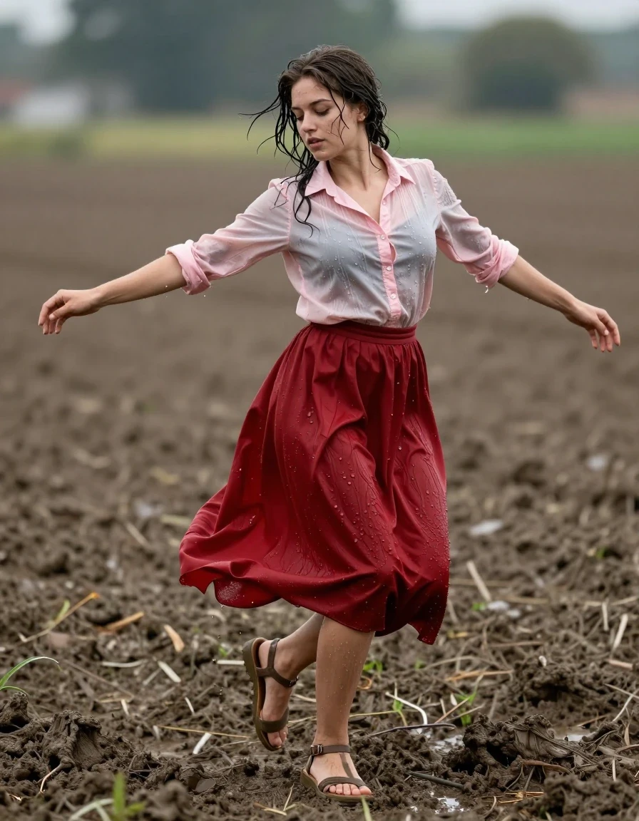 photo of young woman, in soaking wet, drenched clothes,
sandals, floor-length red kashmere skirt, light pink buttoned down blouse, fields, 
enjoying, wet clothes stuck to body,
detailed textures of the wet clothes, wet face, wet plastered hair,
wet, drenched, professional, high-quality details, full body view.
sharp focus, ultra-high pixel detail, realistic, high-quality, full colors, incredibly detailed, 4k, 8k, 16k, hyper-realistic, RAW photo, masterpiece, ultra-detailed, professionally color graded, professional photograph, jumping, dancing in the mud, wet skin, wet clothes, damp fabric