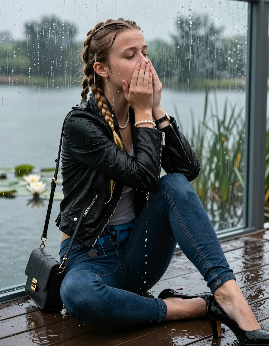 photo of young woman, in soaking wet, drenched clothes,
Black high heels, Dark blue levis skinny jeans, Black biker leatherjacket, Open jacket, tight v-neck sweater, shoulderbag, pearl necklace, bracelet, wristwatch, Orgasm in jetty by the lake with water lilies and reeds, 
enjoying, wet clothes stuck to body,
detailed textures of the wet clothes, wet face, wet plastered hair,
wet, drenched, professional, high-quality details, full body view.
sharp focus, ultra-high pixel detail, realistic, high-quality, full colors, incredibly detailed, 4k, 8k, 16k, hyper-realistic, RAW photo, masterpiece, ultra-detailed, professionally color graded, professional photograph, A realistic vertical fashion photograph taken from a backward, behind-the-back angle of a 12-year-old teenage girl sitting  in a glass-walled outdoor swimming pool, facing down to the camera to show her back. She is tilting her head at camera, letting the water drench her hair so it is glued flat against her head and body. She has two blonde long braids , completely saturated and dripping wet hair, with water cascading down her face and neck. Afraid and astonished Expression. Hold her hands over her mouth. Closed mouth, closed eyes. The lighting is bright and cinematic, highlighting the glistening water droplets on her skin and the saturated texture of her  casual clothes. Outside the large glass wall of the pool building, heavy rain is visible falling against the window. Soft, moody indoor lighting with reflections on the water. High-quality fashion photography style.
her clothing is soaking wet and clinging tightly to her skin, showing heavy wet folds, darkened fabric texture, and deep water-saturated Patches, her clothes are heavy from the water, water runs from her body and her clothes in streams. A lot of water also runs out of her clothes. Her clothes are darkened by the water. 
hyper-realistic wetness, high-contrast water sheen, sharp focus, 16k resolution, professional photography, realistic water physics., wet skin, wet clothes, damp fabric, wet skin, wet clothes, damp fabric, wet skin, wet clothes, damp fabric, wet skin, wet clothes, damp fabric, wet skin, wet clothes, damp fabric, wet skin, wet clothes, damp fabric, wet skin, wet clothes, damp fabric, wet skin, wet clothes, damp fabric, wet skin, wet clothes, damp fabric, wet skin, wet clothes, damp fabric, wet skin, wet clothes, damp fabric, wet skin, wet clothes, damp fabric, wet skin, wet clothes, damp fabric, wet skin, wet clothes, damp fabric, wet skin, wet clothes, damp fabric, wet skin, wet clothes, damp fabric, wet skin, wet clothes, damp fabric, wet skin, wet clothes, damp fabric, wet skin, wet clothes, damp fabric, wet skin, wet clothes, damp fabric, wet skin, wet clothes, damp fabric, wet skin, wet clothes, damp fabric