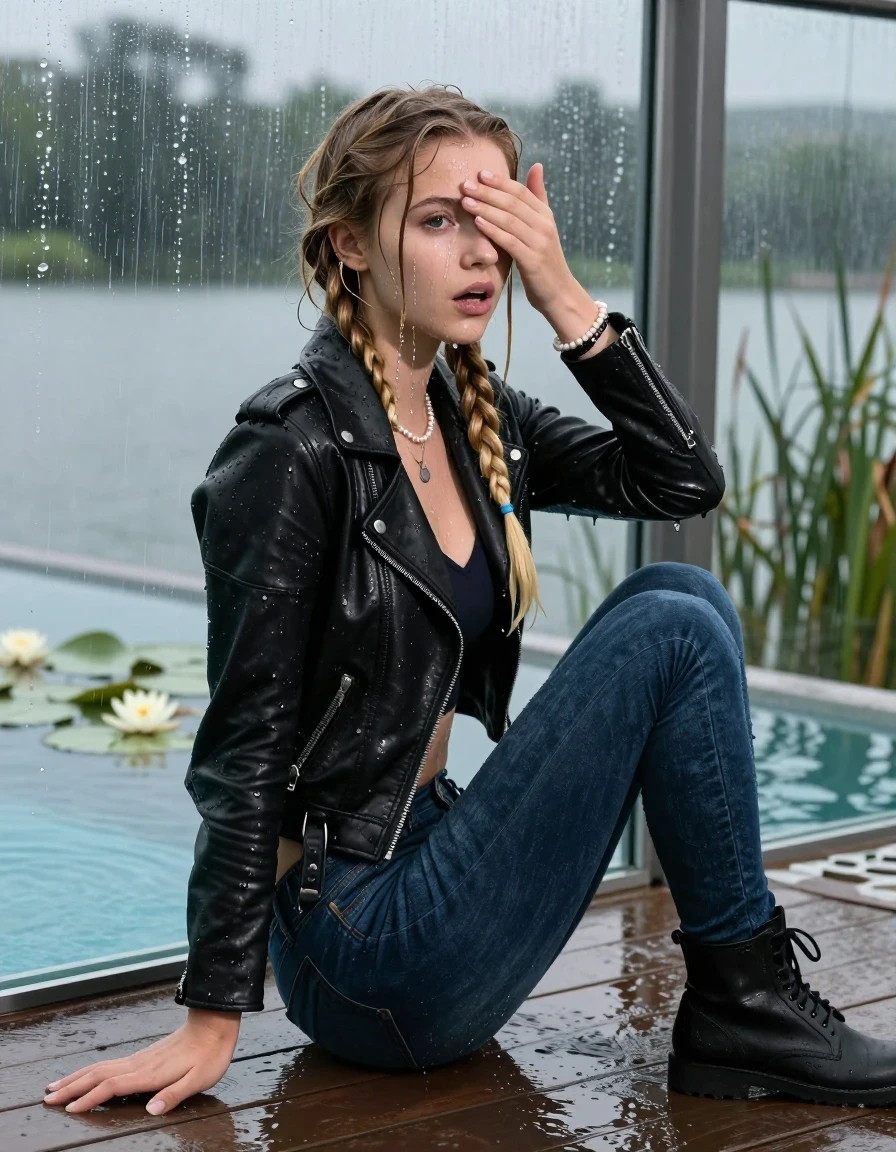 photo of young woman, in soaking wet, drenched clothes,
Black high boots, Dark blue levis skinny jeans, Black biker leatherjacket, Open jacket, tight v-neck sweater, shoulderbag, pearl necklace, bracelet, wristwatch, Orgasm in jetty by the lake with water lilies and reeds, 
enjoying, wet clothes stuck to body,
detailed textures of the wet clothes, wet face, wet plastered hair,
wet, drenched, professional, high-quality details, full body view.
sharp focus, ultra-high pixel detail, realistic, high-quality, full colors, incredibly detailed, 4k, 8k, 16k, hyper-realistic, RAW photo, masterpiece, ultra-detailed, professionally color graded, professional photograph, A realistic vertical fashion photograph taken from a backward, behind-the-back angle of a 15-year-old teenage girl sitting  in a glass-walled outdoor swimming pool, facing down to the camera to show her back. She is tilting her head at camera, letting the water drench her hair so it is glued flat against her head and body. She has two blonde long braids , completely saturated and dripping wet hair, with water cascading down her face and neck. Afraid and astonished Expression. Hold her hands over her eyes. Closed mouth, big eyes. The lighting is bright and cinematic, highlighting the glistening water droplets on her skin and the saturated texture of her  casual clothes. Outside the large glass wall of the pool building, heavy rain is visible falling against the window. Soft, moody indoor lighting with reflections on the water. High-quality fashion photography style.
her clothing is soaking wet and clinging tightly to her skin, showing heavy wet folds, darkened fabric texture, and deep water-saturated Patches, her clothes are heavy from the water, water runs from her body and her clothes in streams. A lot of water also runs out of her clothes. Her clothes are darkened by the water. 
hyper-realistic wetness, high-contrast water sheen, sharp focus, 16k resolution, professional photography, realistic water physics., wet skin, wet clothes, damp fabric, wet skin, wet clothes, damp fabric, wet skin, wet clothes, damp fabric, wet skin, wet clothes, damp fabric, wet skin, wet clothes, damp fabric, wet skin, wet clothes, damp fabric, wet skin, wet clothes, damp fabric, wet skin, wet clothes, damp fabric, wet skin, wet clothes, damp fabric, wet skin, wet clothes, damp fabric, wet skin, wet clothes, damp fabric, wet skin, wet clothes, damp fabric, wet skin, wet clothes, damp fabric, wet skin, wet clothes, damp fabric, wet skin, wet clothes, damp fabric, wet skin, wet clothes, damp fabric, wet skin, wet clothes, damp fabric, wet skin, wet clothes, damp fabric, wet skin, wet clothes, damp fabric, wet skin, wet clothes, damp fabric, wet skin, wet clothes, damp fabric