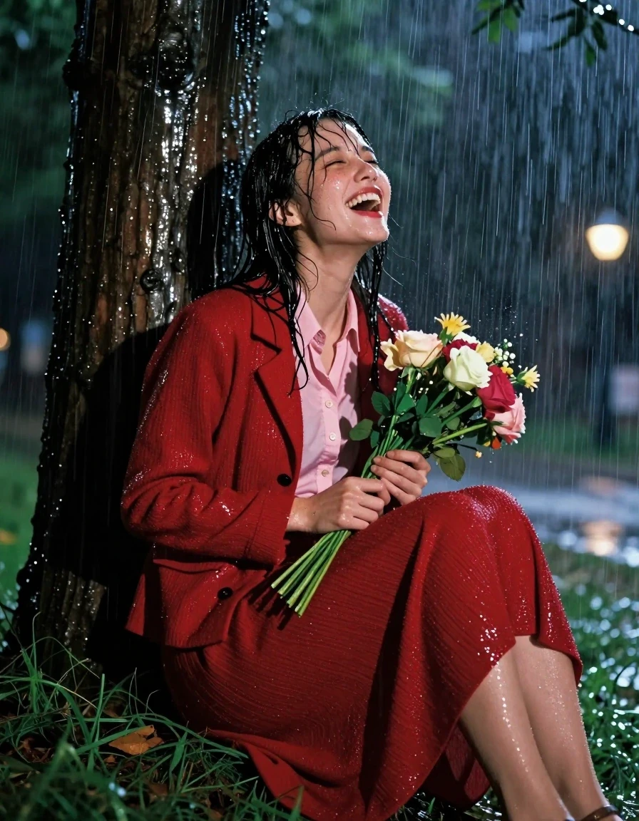 A photorealistic medium shot of a young adult European woman sitting under a large tree in a park at night during a torrential downpour. She is wearing a light pink buttoned-down blouse underneath a red cashmere blazer, paired with a floor-length red cashmere skirt and sheer stockings with sandals. The torrential rain has caused all fabrics to be heavily soaked, with the cashmere blazer and skirt appearing dark, heavy, and clinging to her form with distinct wet textures and deep saturation. Her hair is plastered to her face and shoulders, and her skin is glistening with a constant sheen of water. She is holding a bouquet of flowers, her expression one of intense, ecstatic pleasure as she experiences an orgasm from the sensation of the freezing rain. The background is a dark, atmospheric park with heavy rain streaks illuminated by distant, dim streetlights, creating strong specular highlights on her wet skin and clothing. Cinematic lighting, 8k resolution, highly detailed texture, hyper-realistic water physics.