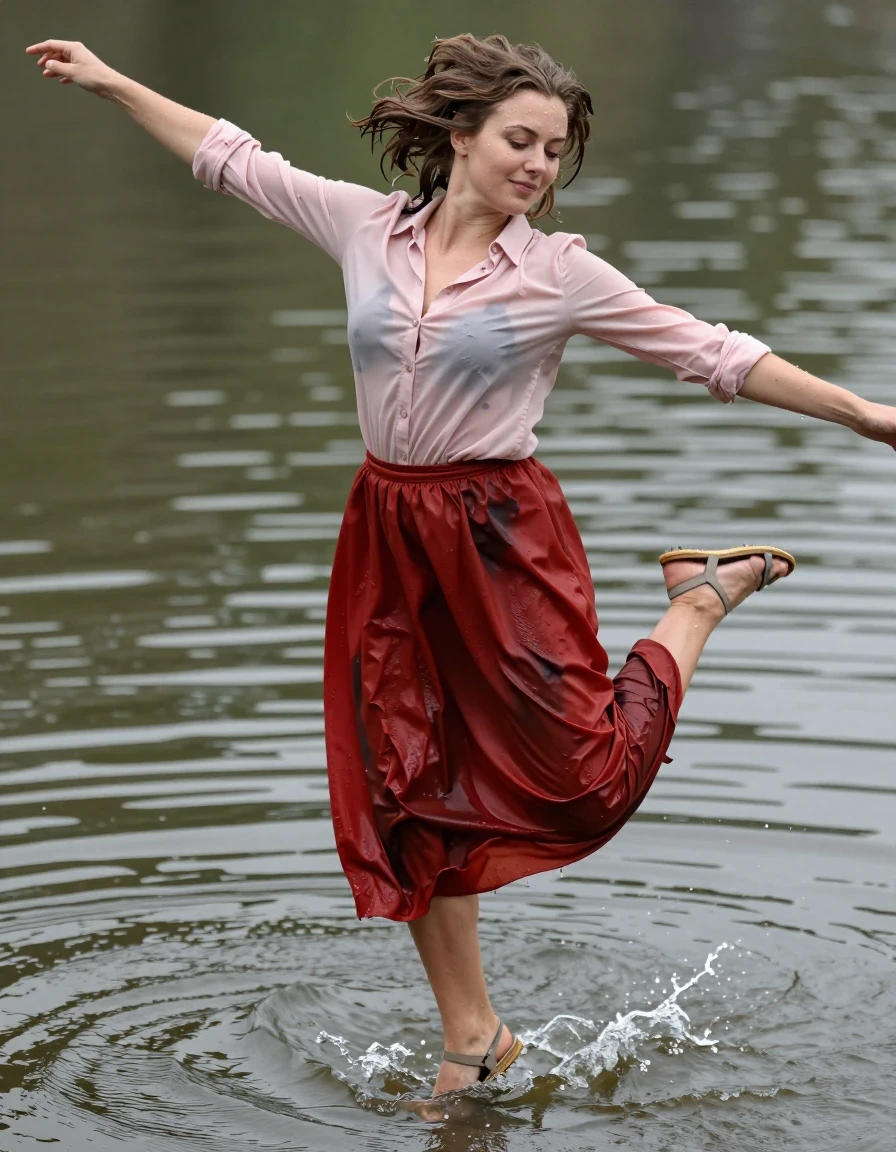 A young adult European woman in a dynamic mid-air pose, joyfully dancing and jumping through a shallow pond. She is wearing a light pink buttoned-down blouse and a floor-length red cashmere skirt, both heavily saturated with water, clinging to her body with realistic heavy wet folds and a darkened, translucent texture. She wears practical sandals on her feet. Her skin and hair are glistening with water, featuring realistic droplets, sheen, and wet-look textures. The fabric of the blouse and skirt shows deep, uneven wet patches and darkened color tones where the water has absorbed. The environment is a serene pond with splashing water ripples, soft natural daylight reflecting off the wet surfaces, high-speed photography capturing the motion of the water and the subject, photorealistic, 8k resolution, sharp focus on skin texture and fabric dampness, cinematic lighting.