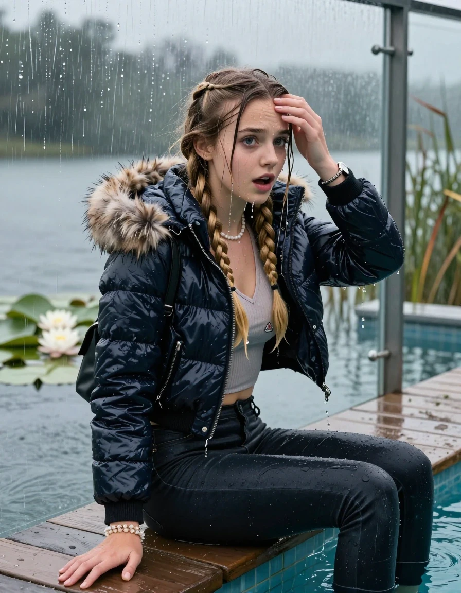 photo of young woman, in soaking wet, drenched clothes,
, Dark levis skinny jeans, Moncler shiny puffer down jacket with fur, Open jacket, tight v-neck sweater, shoulderbag, pearl necklace, bracelet, wristwatch, Orgasm in jetty by the lake with water lilies and reeds, 
enjoying, wet clothes stuck to body,
detailed textures of the wet clothes, wet face, wet plastered hair,
wet, drenched, professional, high-quality details, full body view.
sharp focus, ultra-high pixel detail, realistic, high-quality, full colors, incredibly detailed, 4k, 8k, 16k, hyper-realistic, RAW photo, masterpiece, ultra-detailed, professionally color graded, professional photograph, A realistic vertical fashion photograph taken from a backward, behind-the-back angle of a 15-year-old teenage girl sitting  in a glass-walled outdoor swimming pool, facing down to the camera to show her back. She is tilting her head at camera, letting the water drench her hair so it is glued flat against her head and body. She has two blonde long braids , completely saturated and dripping wet hair, with water cascading down her face and neck. Afraid and astonished expression. Hold her hands on her forehead. open mouth, big eyes. The lighting is bright and cinematic, highlighting the glistening water droplets on her skin and the saturated texture of her  casual clothes. Outside the large glass wall of the pool building, heavy rain is visible falling against the window. Soft, moody indoor lighting with reflections on the water. High-quality fashion photography style.
her clothing is soaking wet and clinging tightly to her skin, showing heavy wet folds, darkened fabric texture, and deep water-saturated Patches, her clothes are heavy from the water, water runs from her body and her clothes in streams. A lot of water also runs out of her clothes. Her clothes are darkened by the water. 
hyper-realistic wetness, high-contrast water sheen, sharp focus, 16k resolution, professional photography, realistic water physics., wet skin, wet clothes, damp fabric, wet skin, wet clothes, damp fabric, wet skin, wet clothes, damp fabric, wet skin, wet clothes, damp fabric, wet skin, wet clothes, damp fabric, wet skin, wet clothes, damp fabric, wet skin, wet clothes, damp fabric, wet skin, wet clothes, damp fabric, wet skin, wet clothes, damp fabric, wet skin, wet clothes, damp fabric, wet skin, wet clothes, damp fabric, wet skin, wet clothes, damp fabric, wet skin, wet clothes, damp fabric, wet skin, wet clothes, damp fabric, wet skin, wet clothes, damp fabric, wet skin, wet clothes, damp fabric, wet skin, wet clothes, damp fabric, wet skin, wet clothes, damp fabric, wet skin, wet clothes, damp fabric, wet skin, wet clothes, damp fabric, wet skin, wet clothes, damp fabric