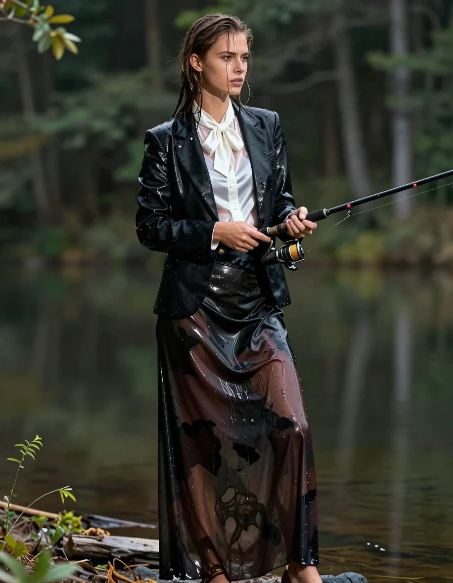 A photorealistic, highly detailed image of a young adult European woman fishing by a forest lake shore. She is fully drenched, with glistening wet skin, damp hair plastered to her face, and water sheen visible on her features. She is wearing a black blazer and a white satin blouse underneath, accessorized with a sharp bowtie. Her lower body is draped in a floor-length silk skirt that is heavy with water, clinging to her legs with deep, dark, saturated patches and translucent wet folds. She wears delicate sandals on her feet. The fabric of the blazer and blouse is visibly soaked, darkened by water, and clinging to her form with realistic weight and texture. The setting is a lush forest bordering a calm lake shore with soft, atmospheric natural lighting reflecting off her wet clothing and skin. The composition is a medium-full shot capturing her in the act of fishing, with sharp focus on the textures of the wet silk and layered formal wear against the rugged woodland background.