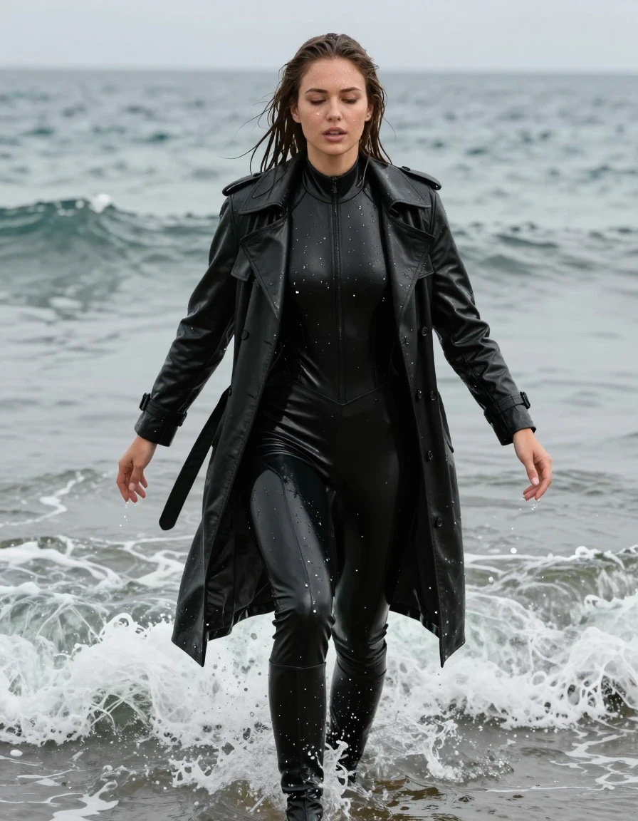 photo of young woman, in soaking wet, drenched clothes,
black leather knee-high boots, black vinyl pants, black vinyl polar neck catsuit , black vinyl trench coat, diving into the waves at the bach, 
enjoying, wet clothes stuck to body,
detailed textures of the wet clothes, wet face, wet plastered hair,
wet, drenched, professional, high-quality details, full body view.
sharp focus, ultra-high pixel detail, realistic, high-quality, full colors, incredibly detailed, 4k, 8k, 16k, hyper-realistic, RAW photo, masterpiece, ultra-detailed, professionally color graded, professional photograph, white woman, long dripping wet brown hair,, wet skin, wet clothes, damp fabric, wet skin, wet clothes, damp fabric, wet skin, wet clothes, damp fabric