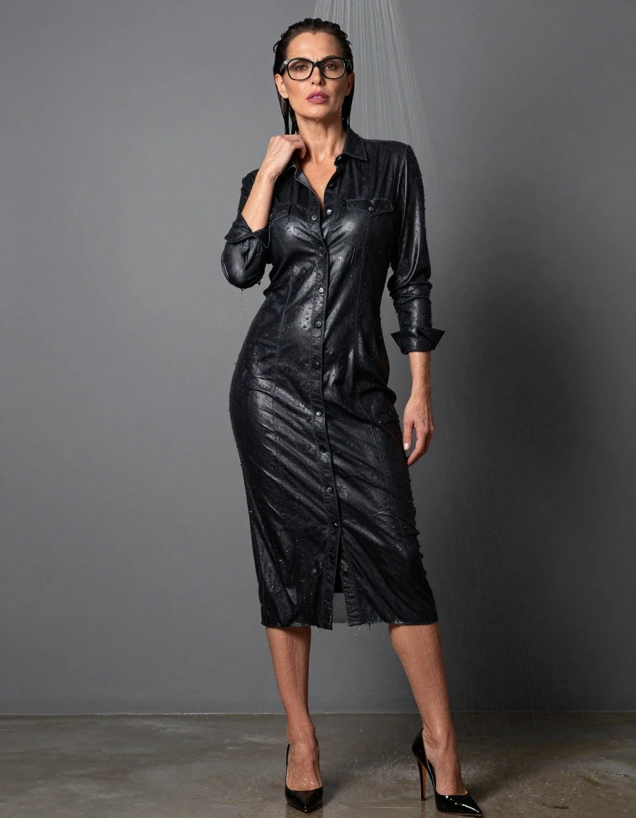 photo of young woman, in soaking wet, drenched clothes,
high-heeled shoes, maxi shiny black denim shirt dress, maxi shiny black denim shirt dress, after shower, 
enjoying, wet clothes stuck to body,
detailed textures of the wet clothes, wet face, wet plastered hair,
wet, drenched, professional, high-quality details, full body view.
sharp focus, ultra-high pixel detail, realistic, high-quality, full colors, incredibly detailed, 4k, 8k, 16k, hyper-realistic, RAW photo, masterpiece, ultra-detailed, professionally color graded, professional photograph, europen brunette skinny woman 50 years old, long dark black hair, office glasses, very big and thick lips, complete body, wet skin, wet clothes, damp fabric, wet skin, wet clothes, damp fabric, wet skin, wet clothes, damp fabric, wet skin, wet clothes, damp fabric, wet skin, wet clothes, damp fabric, wet skin, wet clothes, damp fabric, wet skin, wet clothes, damp fabric