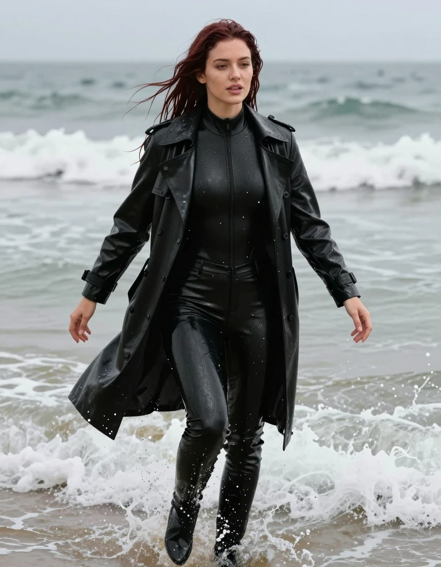 photo of young woman, in soaking wet, drenched clothes,
black leather knee-high boots, black vinyl pants, black vinyl polar neck catsuit , black vinyl trench coat, diving into the waves at the beach, 
enjoying, wet clothes stuck to body,
detailed textures of the wet clothes, wet face, wet plastered hair,
wet, drenched, professional, high-quality details, full body view.
sharp focus, ultra-high pixel detail, realistic, high-quality, full colors, incredibly detailed, 4k, 8k, 16k, hyper-realistic, RAW photo, masterpiece, ultra-detailed, professionally color graded, professional photograph, white American woman, long dripping shoulder-length dark auburn hair, wet skin, wet clothes, damp fabric, wet skin, wet clothes, damp fabric, wet skin, wet clothes, damp fabric
