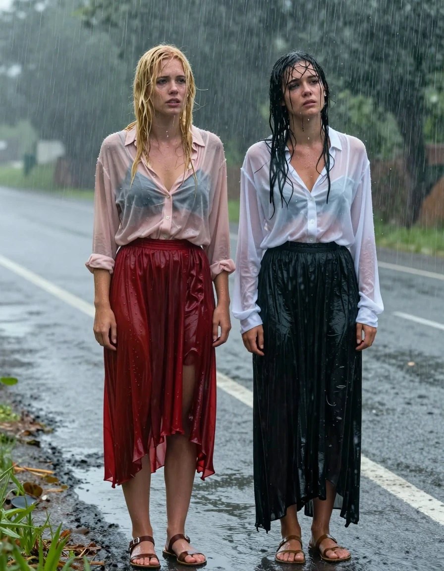 A hyper-realistic, cinematic wide shot of two exhausted young adult European women, a blonde and a brunette, hitchhiking on the side of a desolate road during a heavy downpour. The blonde woman wears a light pink buttoned-down blouse and a floor-length red silk skirt over translucent stockings, with sandals on her feet. The brunette woman wears a sheer white blouse and a black maxi skirt. Both women are drenched, with hair plastered to their faces and skin glistening with rainwater. Their clothing is heavily soaked, with the silk and sheer fabrics clinging to their bodies, showing deep, saturated colors, heavy water-logged folds, and a translucent, wet texture. The rain is torrential, creating a glossy sheen on all surfaces. The women look weary, their expressions showing signs of exhaustion after walking for three days. The scene is captured with a high-shutter-speed camera, emphasizing the falling raindrops and the heavy, wet atmosphere. Natural, moody, overcast lighting, 8k resolution, highly detailed skin textures, realistic water physics, cinematic composition.